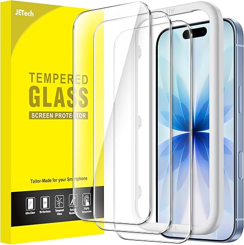 JETech Protector de pantalla para iPhone 17 de 6.3 pulgadas, película de vidrio templado con herramienta de fácil instalación, dureza 9H, compatible