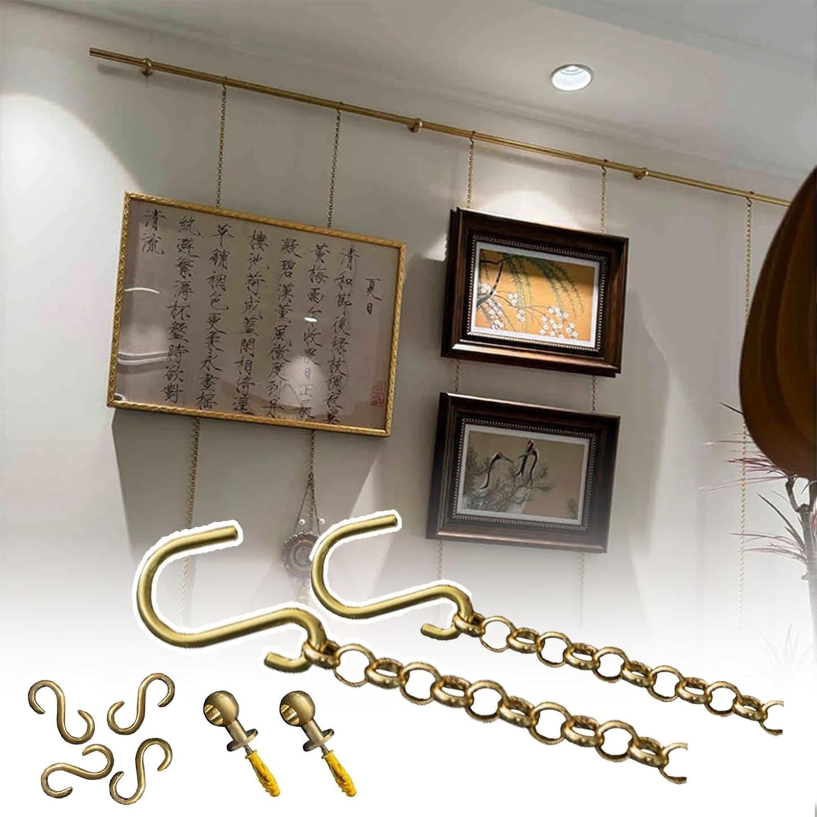 Zhoudong Antique Brass Picture Hanging Rail, Picture Rail Hanging System, with Adjustable Chains & Hooks, Gallery Brass Rod, Art Display Track, Indoor Wall Decor(0.9m(35.4") Rod)