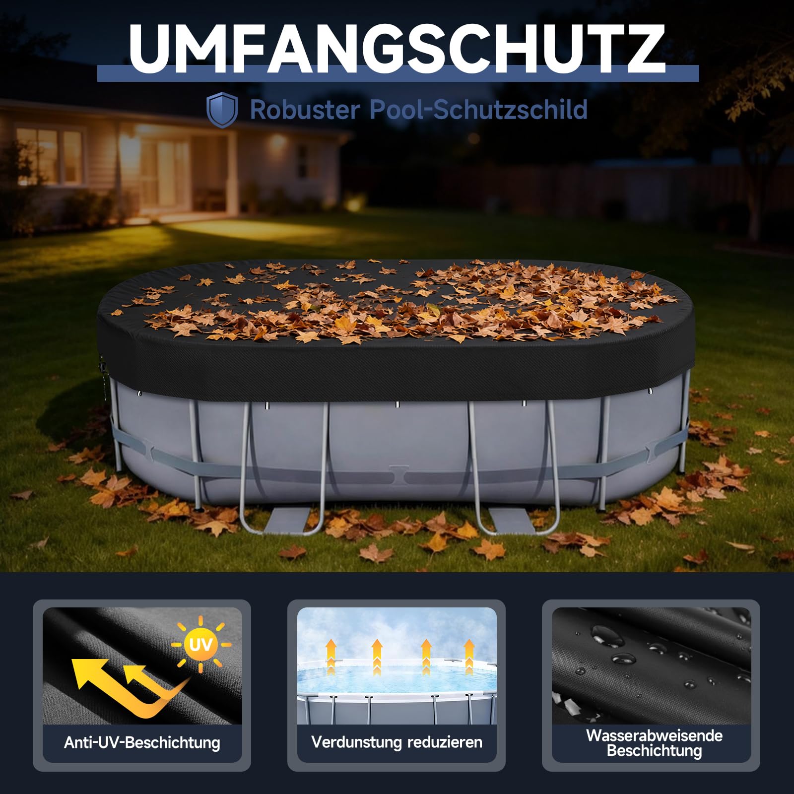 Poolabdeckung Rechteckig für 485x304 cm Pools | Pool Abdeckplane für oberirdisches Schwimmbad Inkl Bodennägel Zubehör + Seilspanner | Solarplane & Pool Winterabdeckung | 570x 365 cm Pool Abdeckung