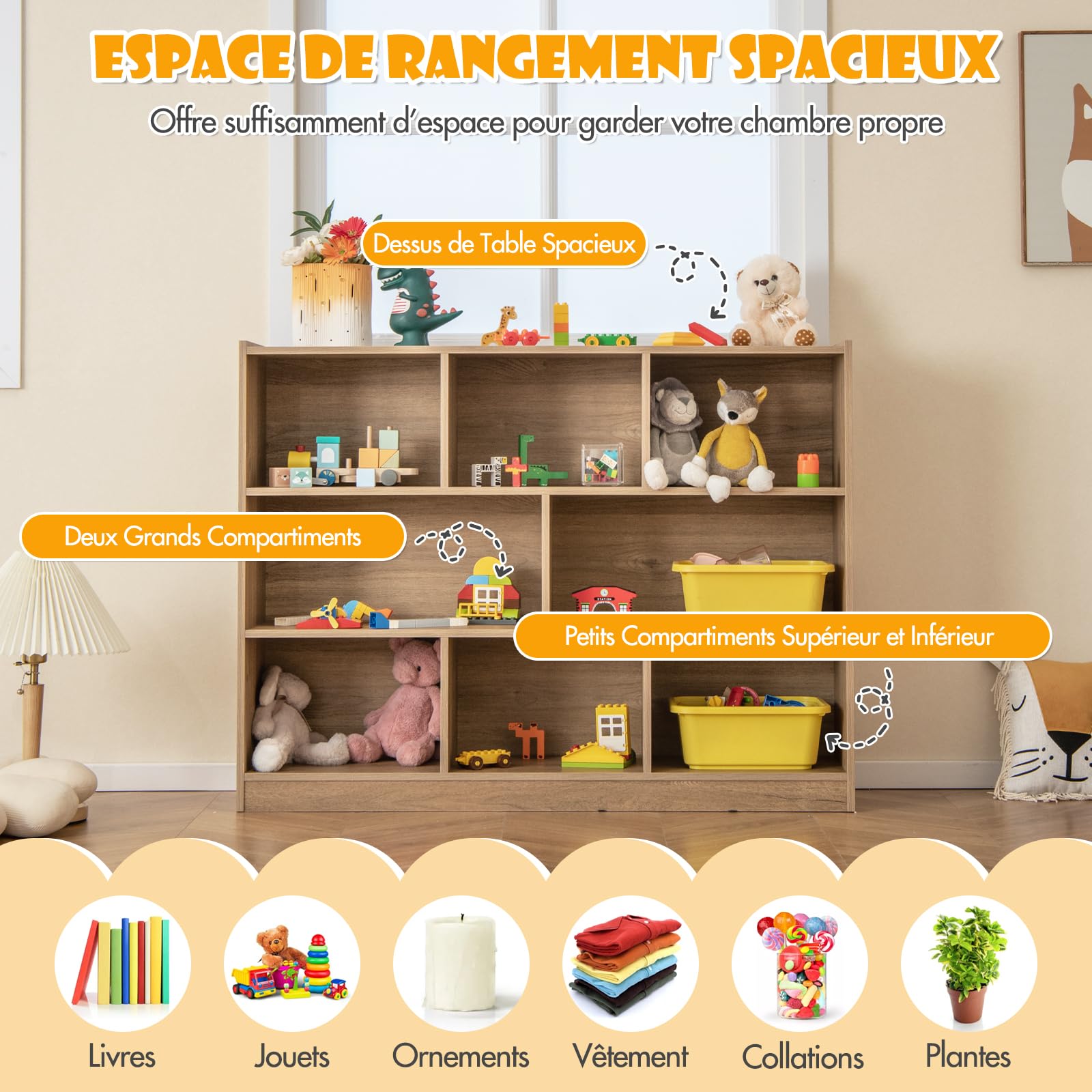 DREAMADE Bibliotheque Enfant 122x32x93CM à 3 Niveaux avec 8 Compartiments, Coffre à Jouets Enfant en Bois Charge 60KG,Étagère de Rangement Filles Garçons pour Jouets&Livres (Naturel)
