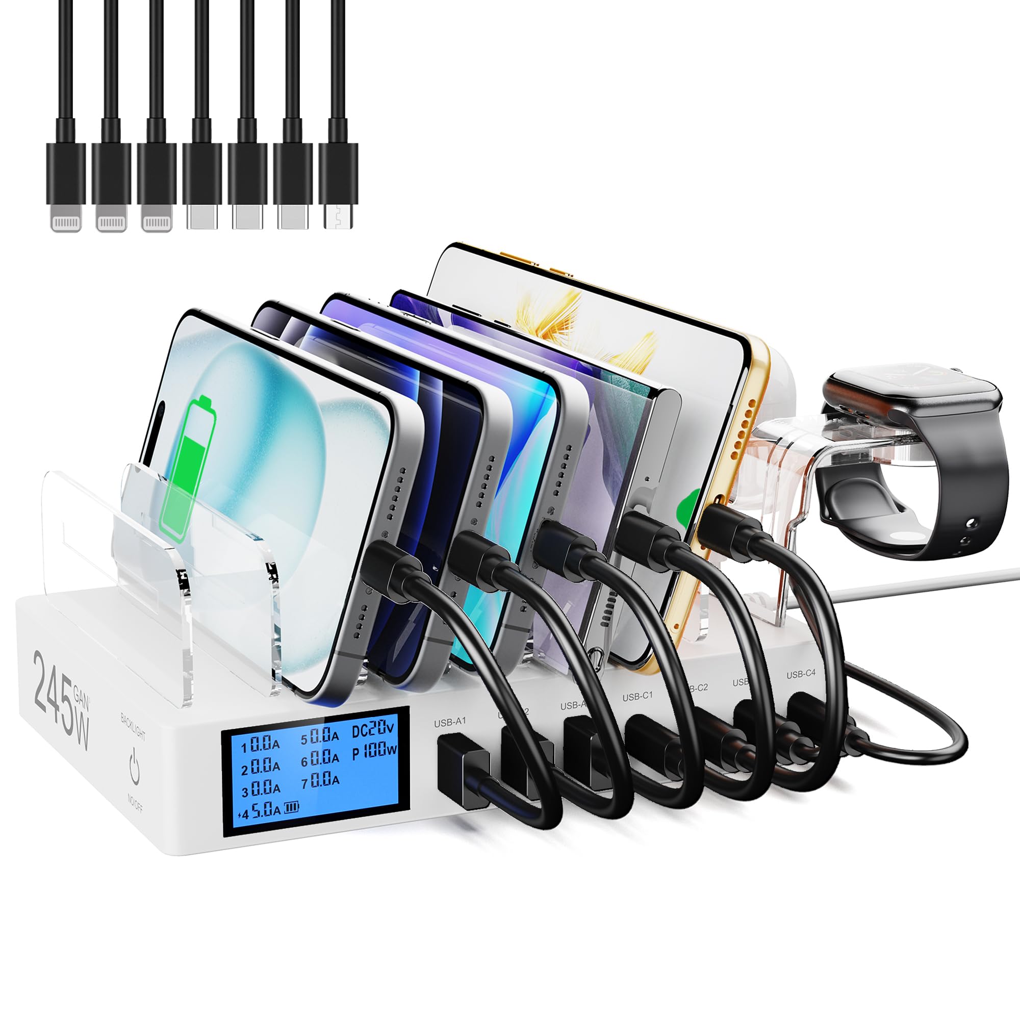 Station de Charge USB pour Plusieurs Appareils, 7-Port USB Multi Charge 245W avec 7 Câbles, Station Chargement avec écran LCD, Compatible avec Téléphones, Tablettes et Autres appareils - Blanc
