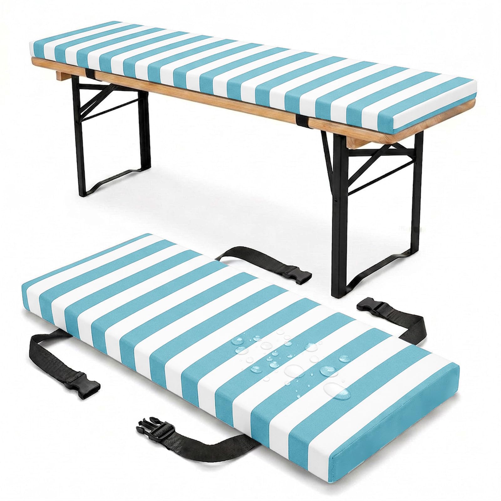 PTKG Bench Cushion Outdoor Lightweight & Durable Thickness 3cm Picnic Bench Cushions Removable Cover Water-Repellent Wooden Bench Kitchen Chair Cushions Patio, Dining,Blue,220x28x3cm
