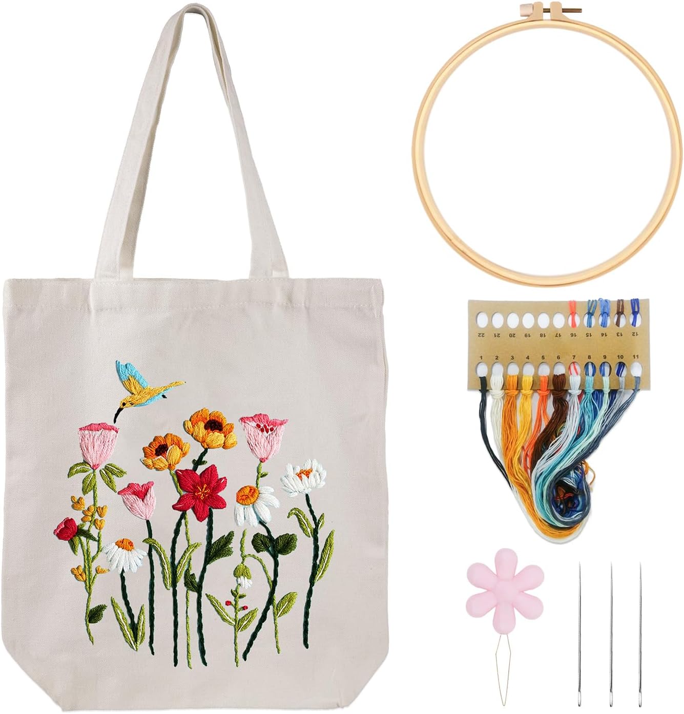 Louise Maelys Embroidery Kit Canvas Tote Bag for Beginners,Cross Stitch Kits for Adults,DIY Crafts Needlepoint Include Hummingbird Floral Pattern,Women Shopping Reusable Grocery Bags