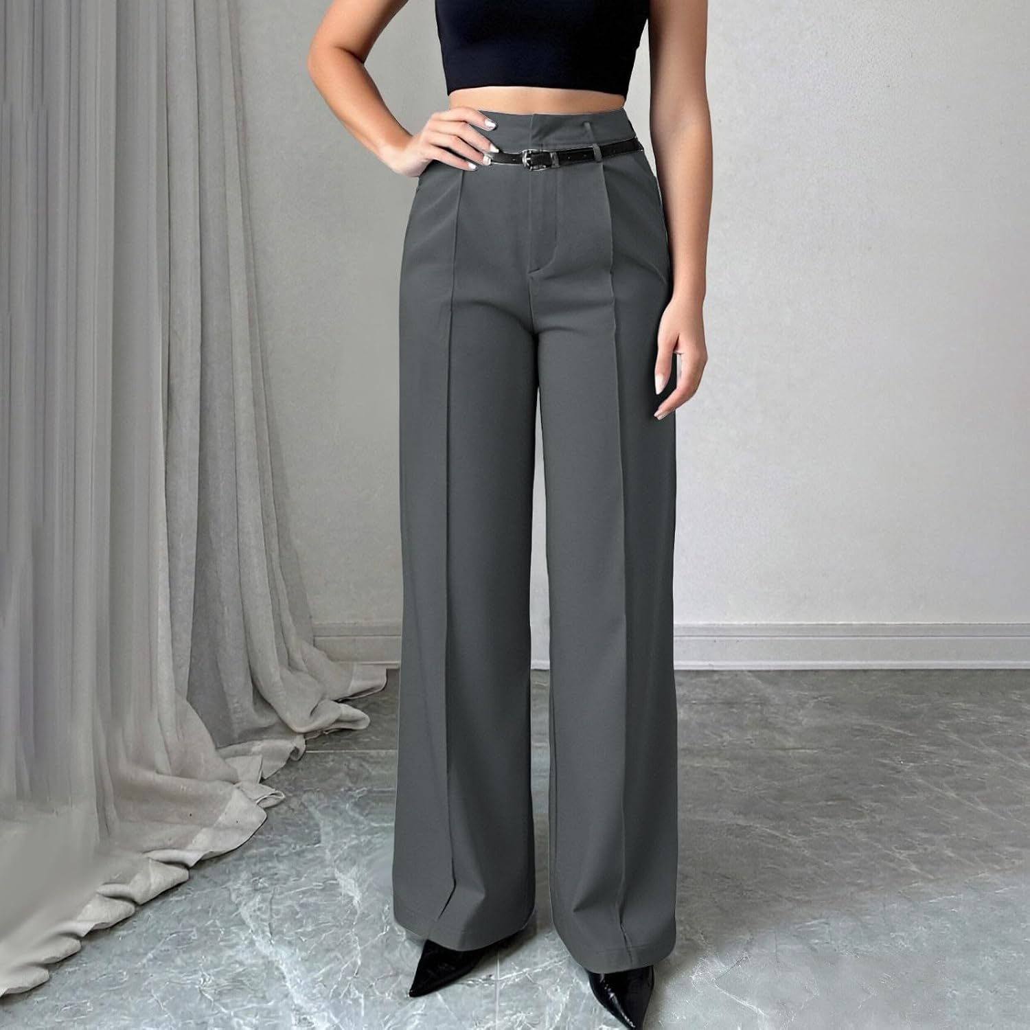 Womens Wide Leg Dress Pants with Belt High Waist Loose Fit Business Casual Work Pant Solid Color Stretchy Slacks