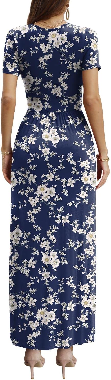 CATHY Women Short Sleeve Deep V-Neck Casual Long Dress Sexy Pleated Waist Maxi Dresses with Pockets - Image 3