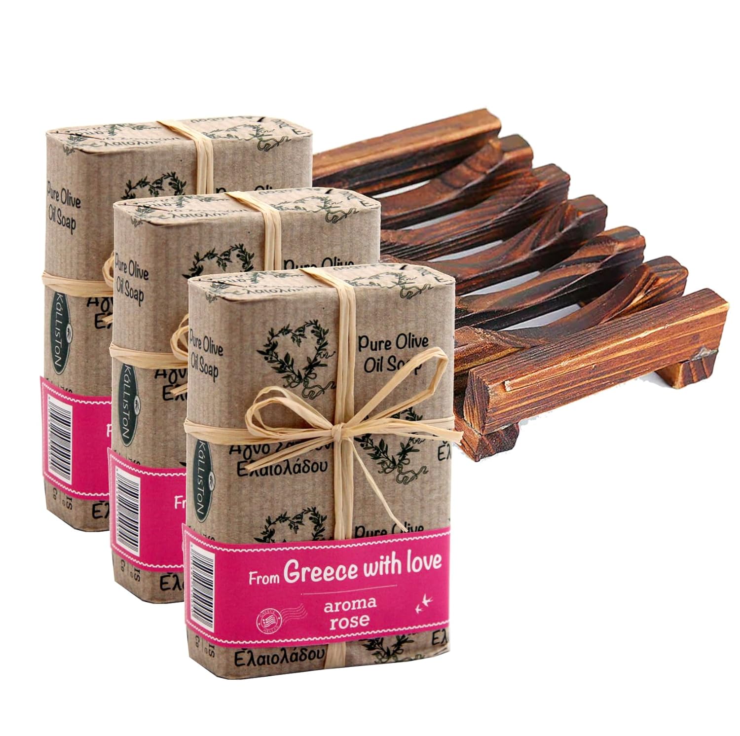 Kalliston, Rose aroma Olive Oil Soap, Gift Set with Bamboo dish, All Natural Soap bar, Made in Crete, Greece, 3 pack Soap & Holder