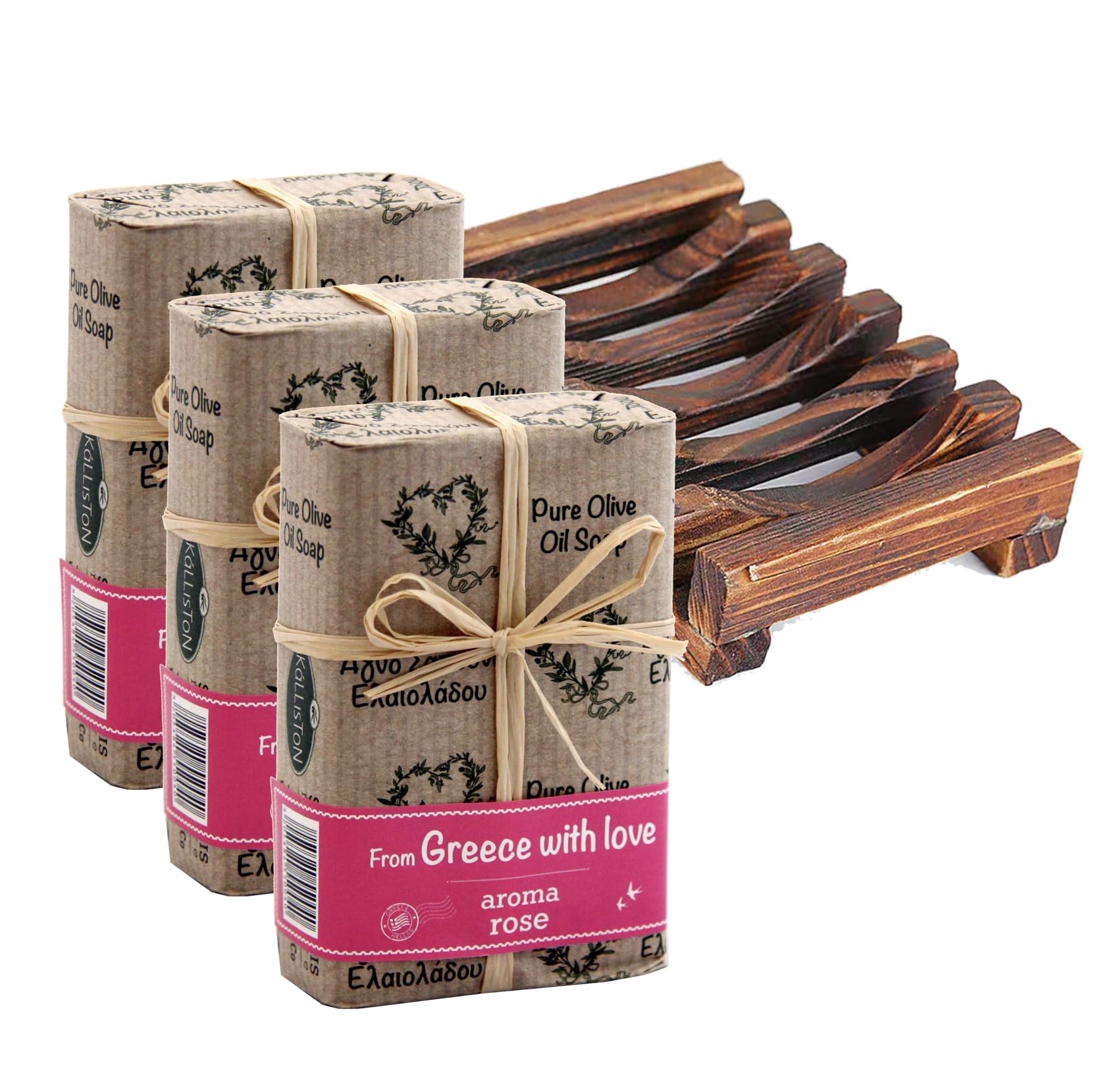 Olive Oil Soaps, Rose Aroma, Bows Gift Set, All Natural Soaps, Made in Ancient Crete, Greece, 3 pack Soap & Holder