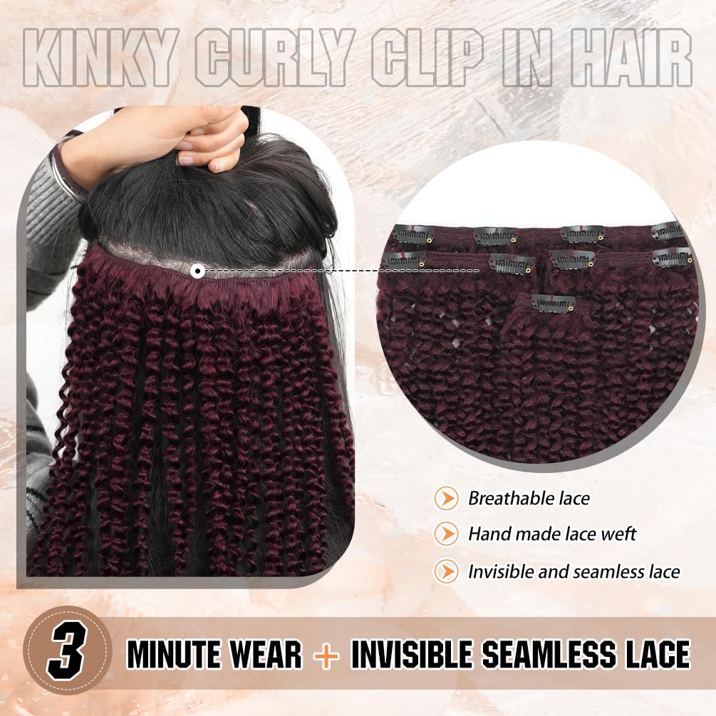 4Pcs Colored Afro Kinky Curly Clip in Hair Extensions Real Human Hair, 18 Inch 70g #99J Wine Red, Lace Invisible Seamless & Thicken, 4B 4C Remy Clip Ins for Women