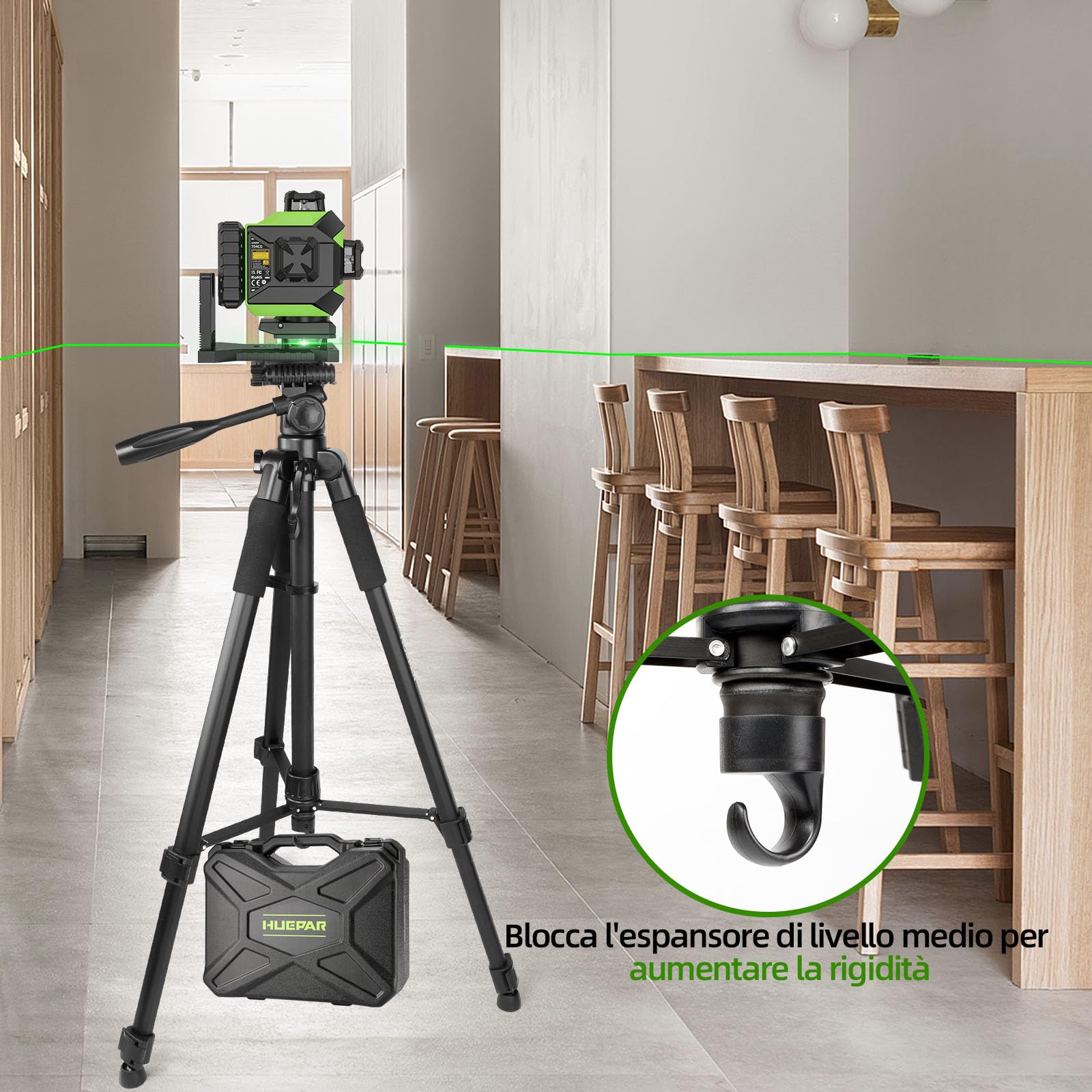 Treppiede in alluminio per livella laser Huepar da 1.72m, livella a bolla integrata, attacco vite da 1/4 di pollice e dado adattatore UNF da 5/8 di pollice, incluso custodia da trasporto