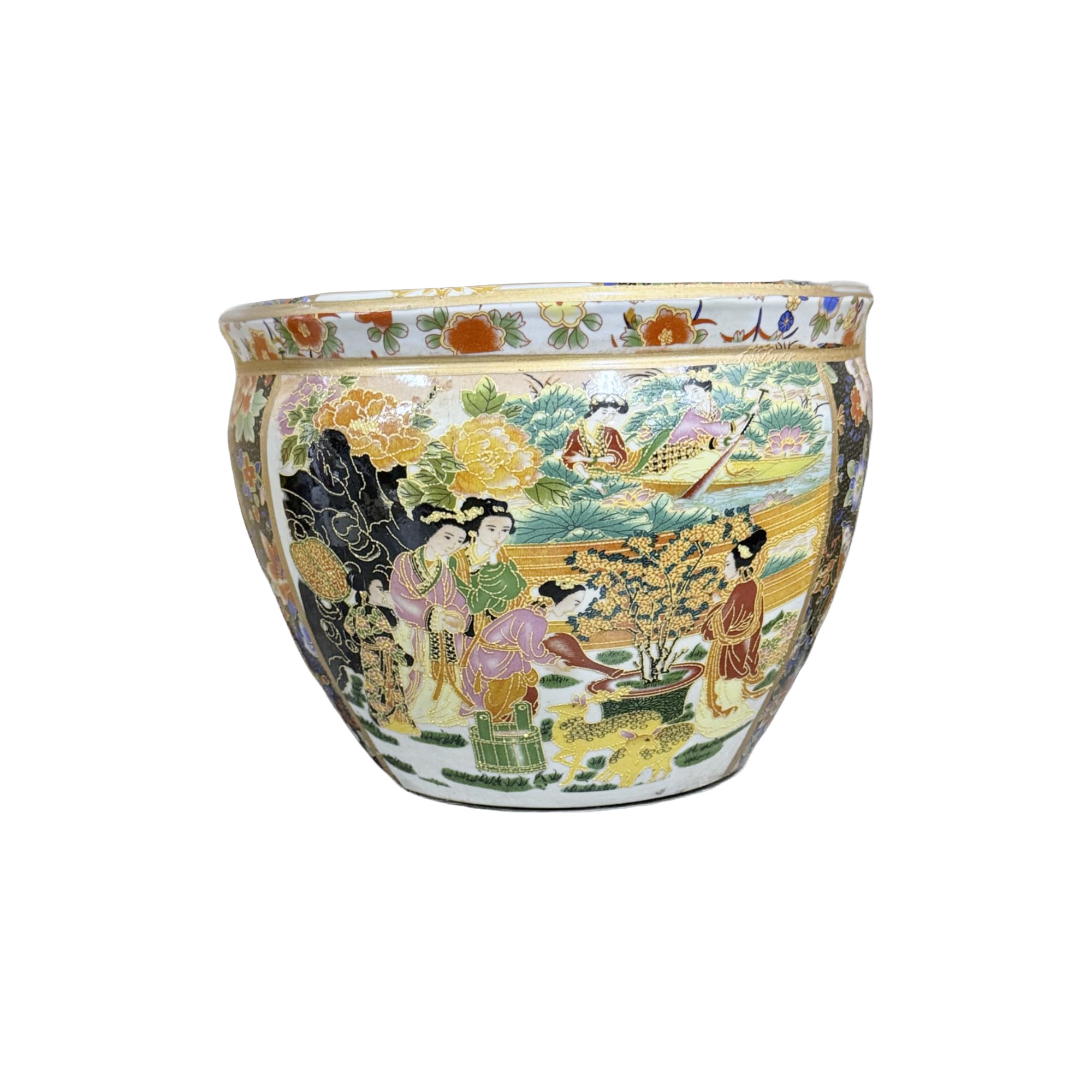 10" Diameter Oriental Two-Sided Geisha Women Floral Landscape Fish Bowl Jardiniere Planter Plant Pot Satsuma Style