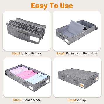 Dntorx 2 Pack 50L Underbed Storage Boxes with Lids, Grey Linen | Foldable Linen Design, Sturdy Sidewalls And Base, 4 Handles, Label Windows, For Clothes, Shoes And Bedding