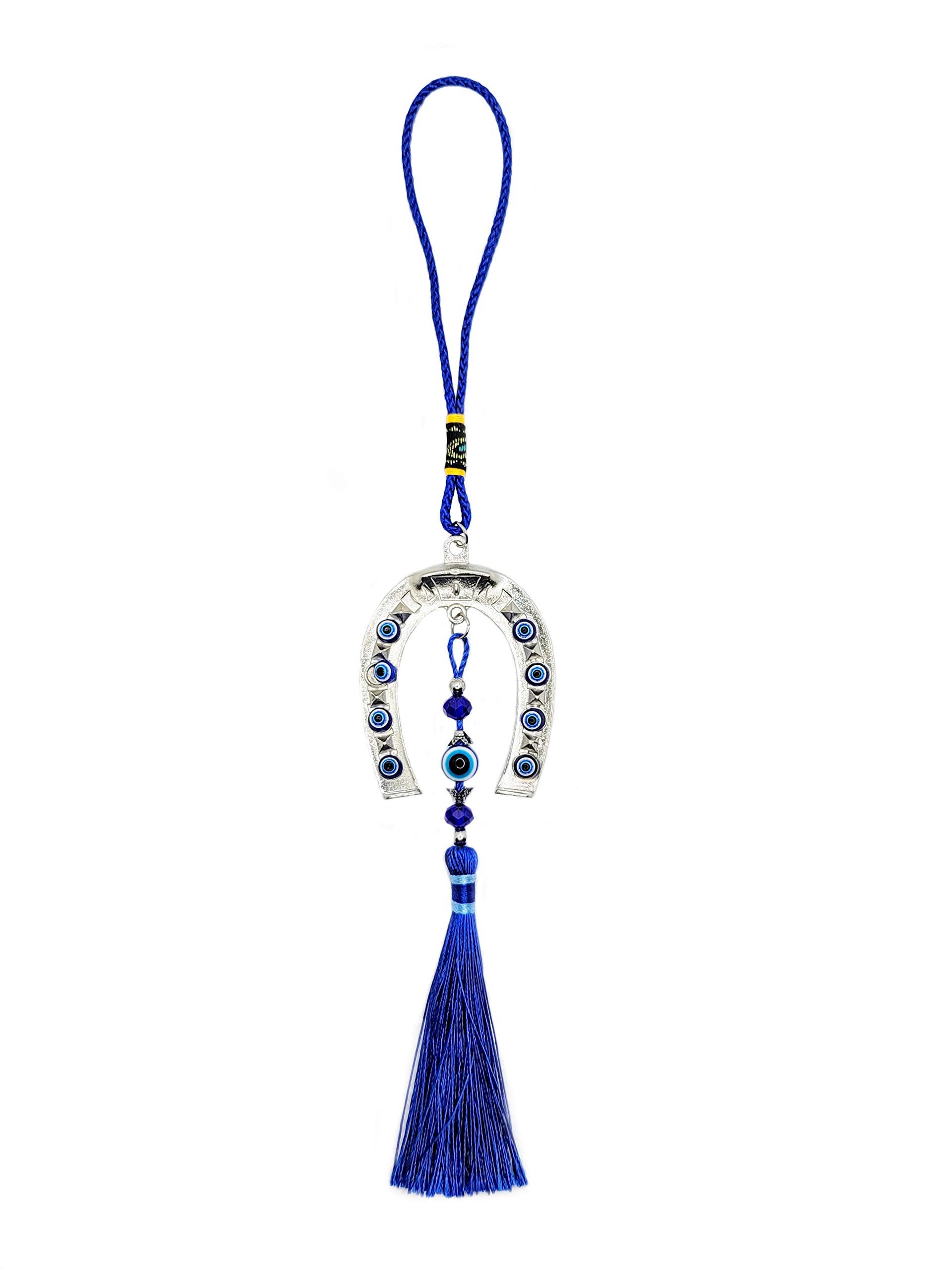 Luckboostium Men's Blue,White Evil Eye Horseshoe Pendant W/Blue Tassels - Good Luck Charm Keychain & Protection, Evil Eye Car Hanging Ornat, Rear View Mirror Accessories, Home Decor, Gift For And Wo