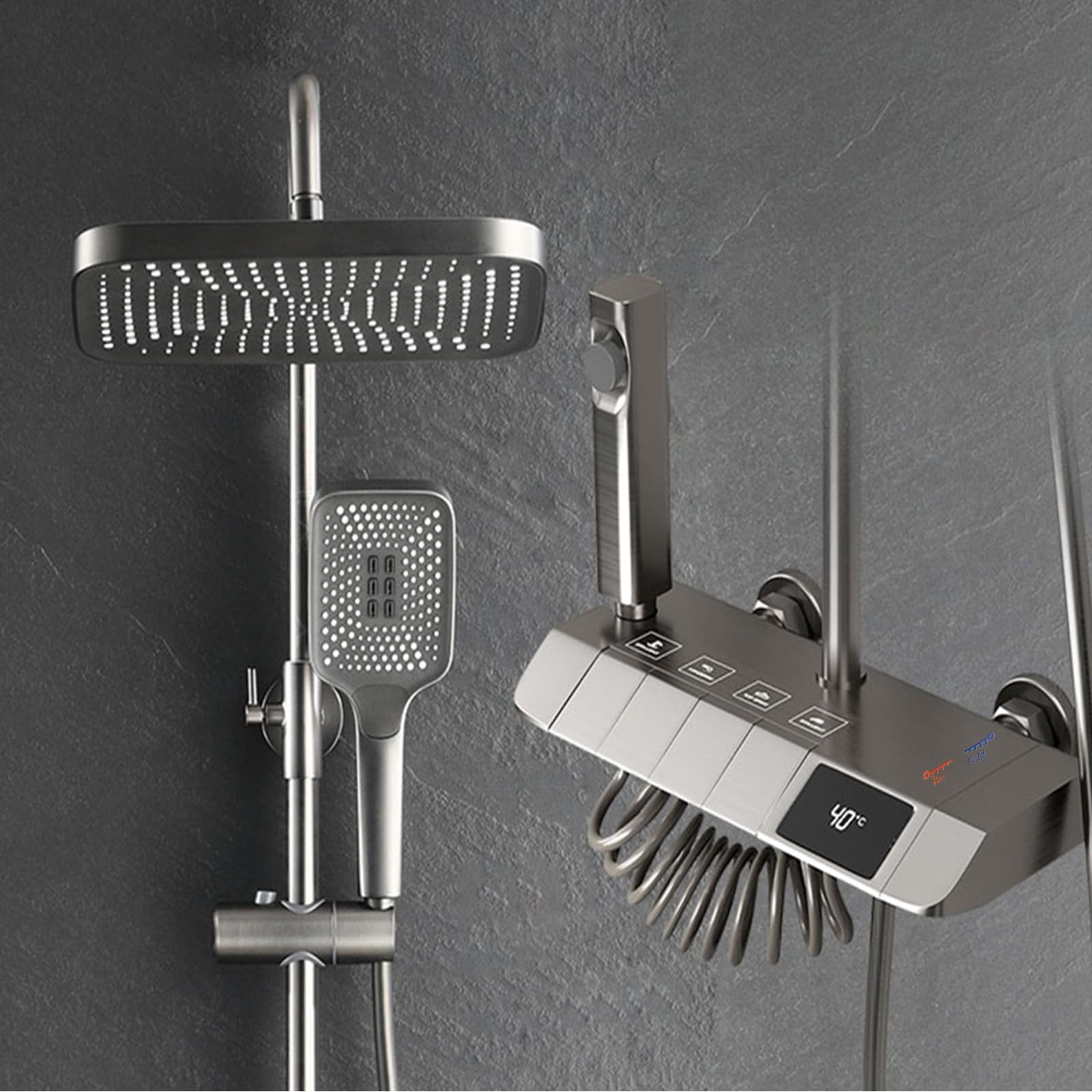 Shower Faucet Set Piano Key Gun Gray Digital Display Shower System, 4 Function Bathroom Rain Shower Combo Set Brass Bathtub Faucet with 3 Mode Hand Shower And Bidet Sprayer