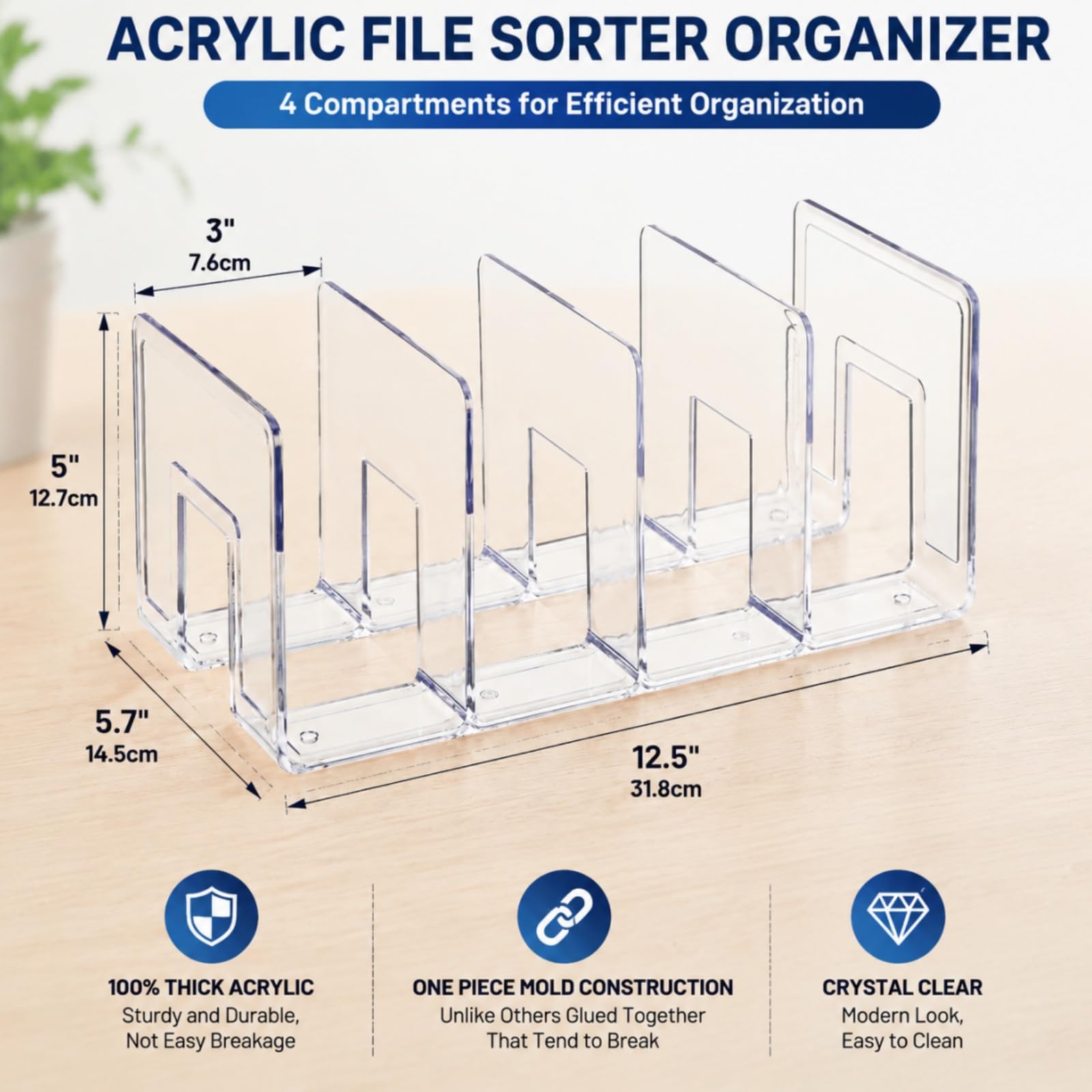 Lawei Lot de 4 trieurs de fichiers en acrylique transparent à 4 sections pour livres, enveloppes, courrier, documents, cahiers, classeurs, sacs à main, séparateur d'embrayage