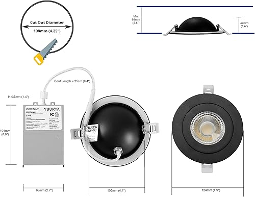 Miniatura 5 de YUURTA Luz LED de cardán de 4 pulgadas, 9 W, seleccionable a color, 3000 K4000 K5000 K, clasificación húmeda, 120 V, 900 lm, iluminación empotrada