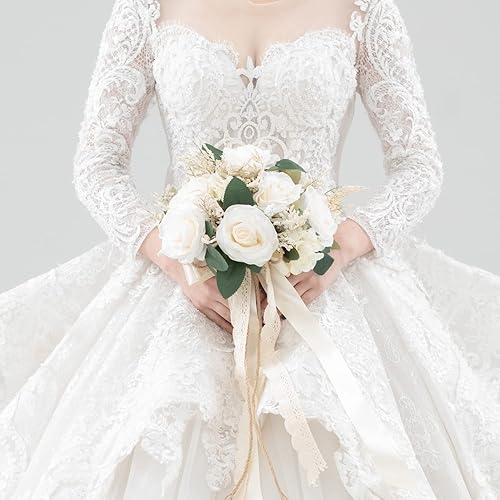 Miniatura 3 de FEILUOYI Ramos de boda para novia ramo de novia retro verde y champán temático flores de boda flor artificial hecho a mano para ceremonia de boda de
