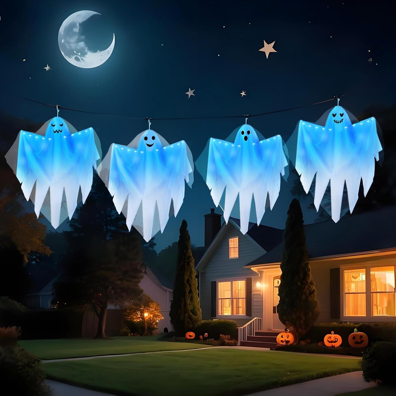 4 Pack Halloween Light up Hanging Ghost Decoration Outdoor, Cute Halloween Decor 31.5" Flying Ghosts with Blue LED Light and Timer for Front Yard Porch Patio Lawn Garden Party Decor Indoor Outdoor