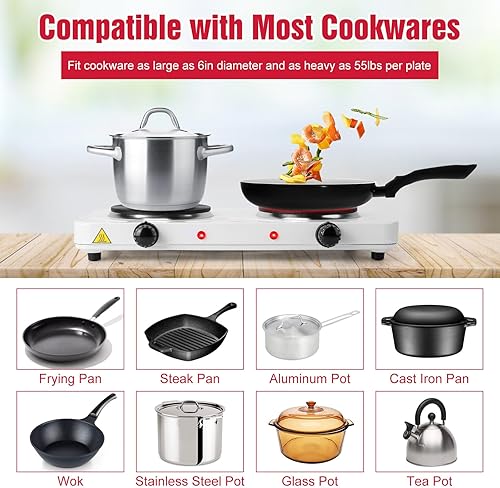 Miniatura 4 de Encimera eléctrica doble quemador, placa de cocina de 2000 W con placa caliente de hierro fundido, control de temperatura de 5 niveles, fácil de