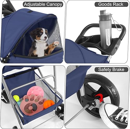 Miniatura 5 de Wedyvko Cochecito para mascotas, cochecito plegable de 4 ruedas para perros y gatos con cesta de almacenamiento, asa rueda delantera de 360 con