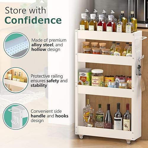 Miniatura 5 de OKZEST Carrito de almacenamiento delgado, carrito de lavandería estrecho de 4 niveles con ruedas, carrito de almacenamiento estrecho de metal para