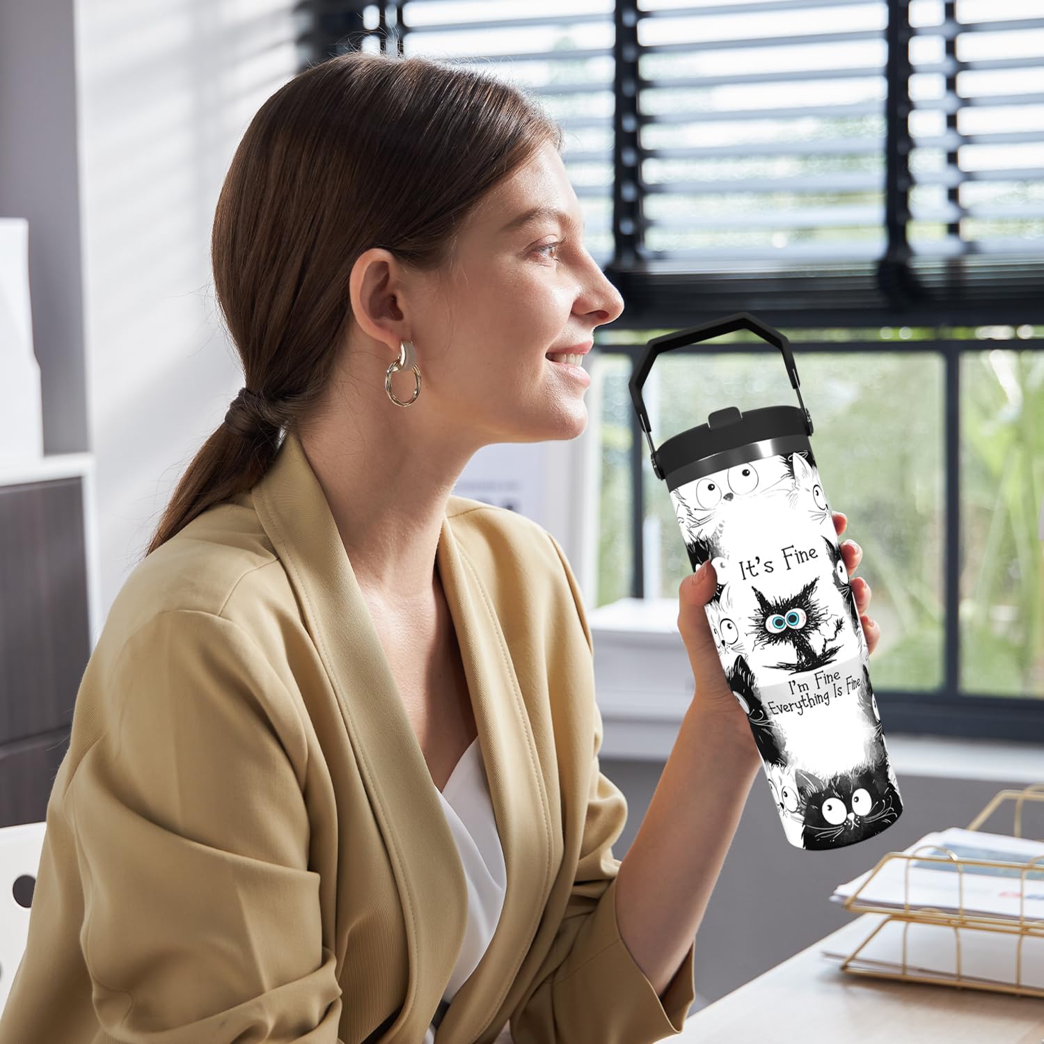 Cat Tumbler with Top Handle Straw and Lid Large Water Bottle Reusable Stainless Steel Coffee Cup for Hot and Cold Drinks Gift for Women Man White Black Cat Painted Travel Mug (white, 30oz) - Image 6