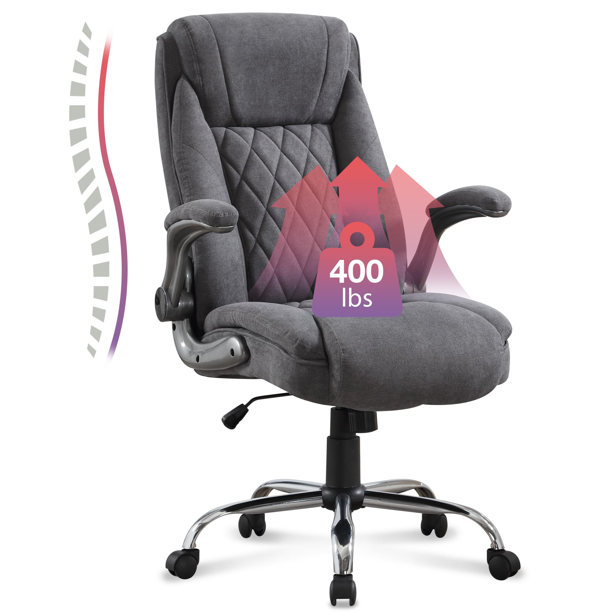 Big and Tall Fabric Office Chair 400lbs High Back Executive Computer Desk Chair with Flip Up Armrest, Breathable Fabric Adjustable Height Ergonomic