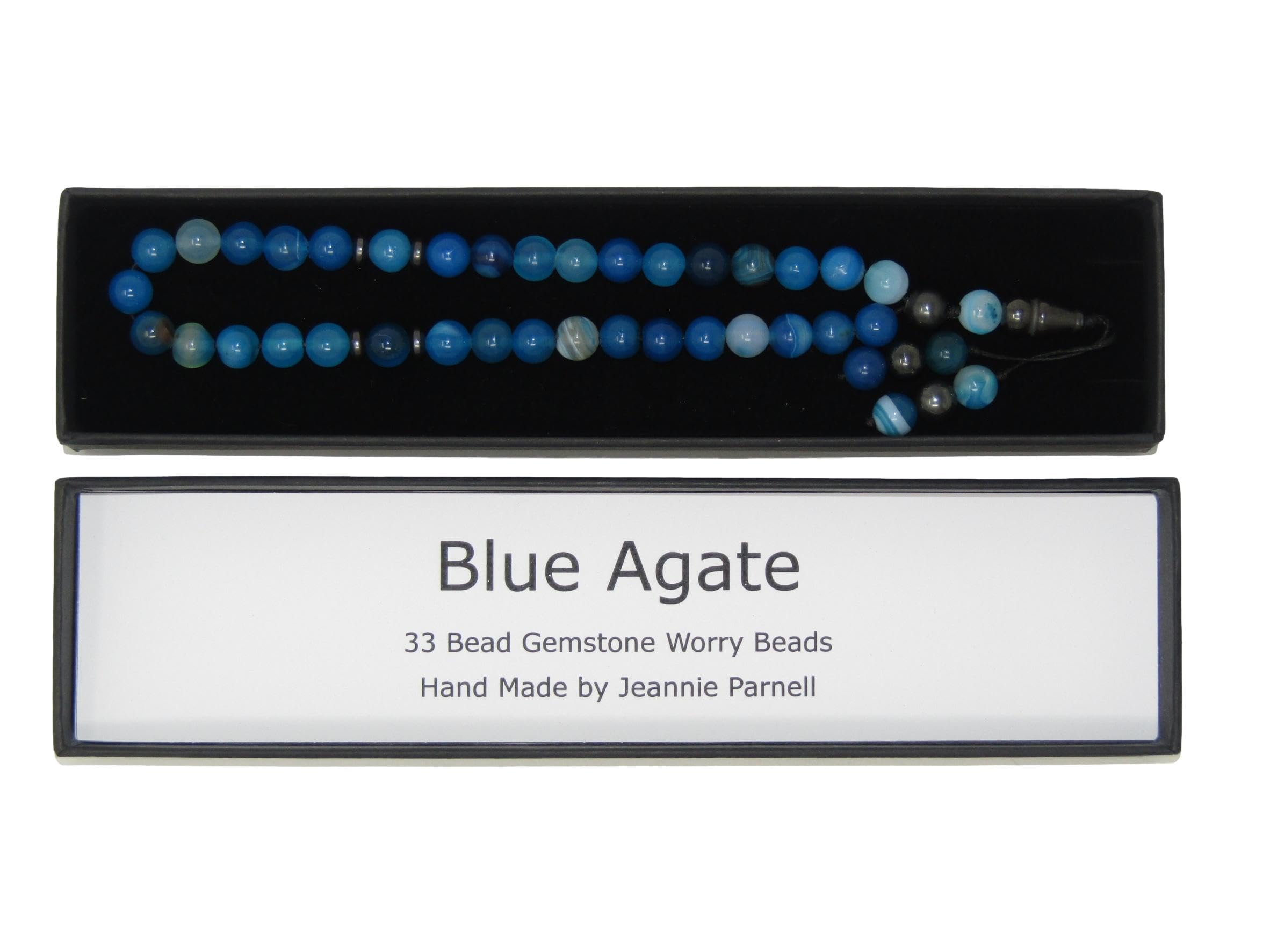 N12 BWBA Worry Beads 8mm Blue Agate Gemstone Beads and Accessories in Gift Box Handmade Design by Jeannieparnell