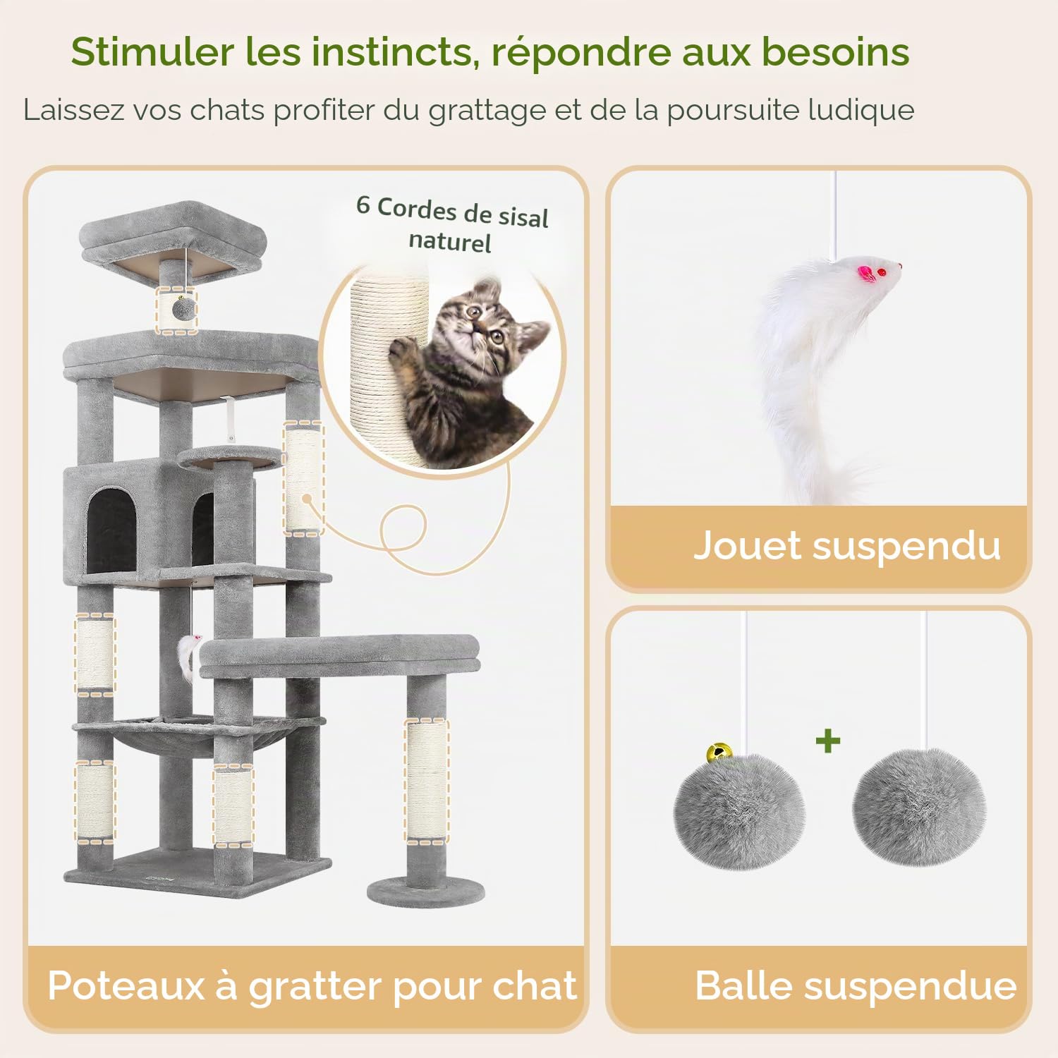 Globlazer Arbre a Chat pour Grand Chats Hauteur 165cm avec 2 Grandes Plateforme Rembourré 48*42CM, Extrlarge Hamac, Niche, Perchoir, Stable Arbre à Chat avec Soutien pour Chats Adult (S65, Gris Clair)