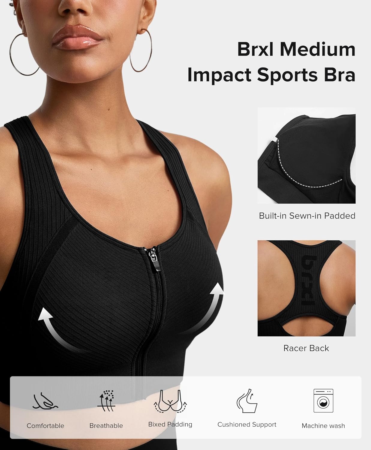 BRXL Front Zip Sprorts Bra Seamless Sewn in Pads Racerback Wide Straps Medium Impact for Running Yoga Gym
