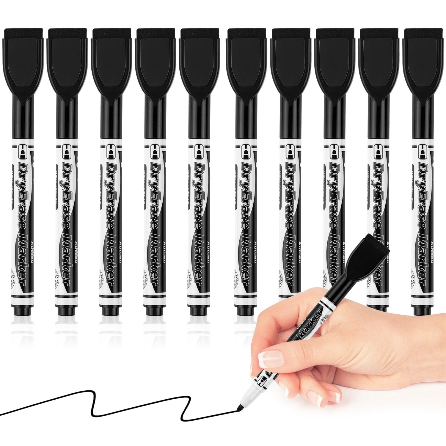 Autoau Rotulador Pizarra Blanca 10 Pcs Rotuladores Pizarra Blanca Magnética Marcadores Pizarra Punta Fina Bolígrafo Negro en Seco Whiteboard Marker para Estudiantes, Profesores, Conferencias