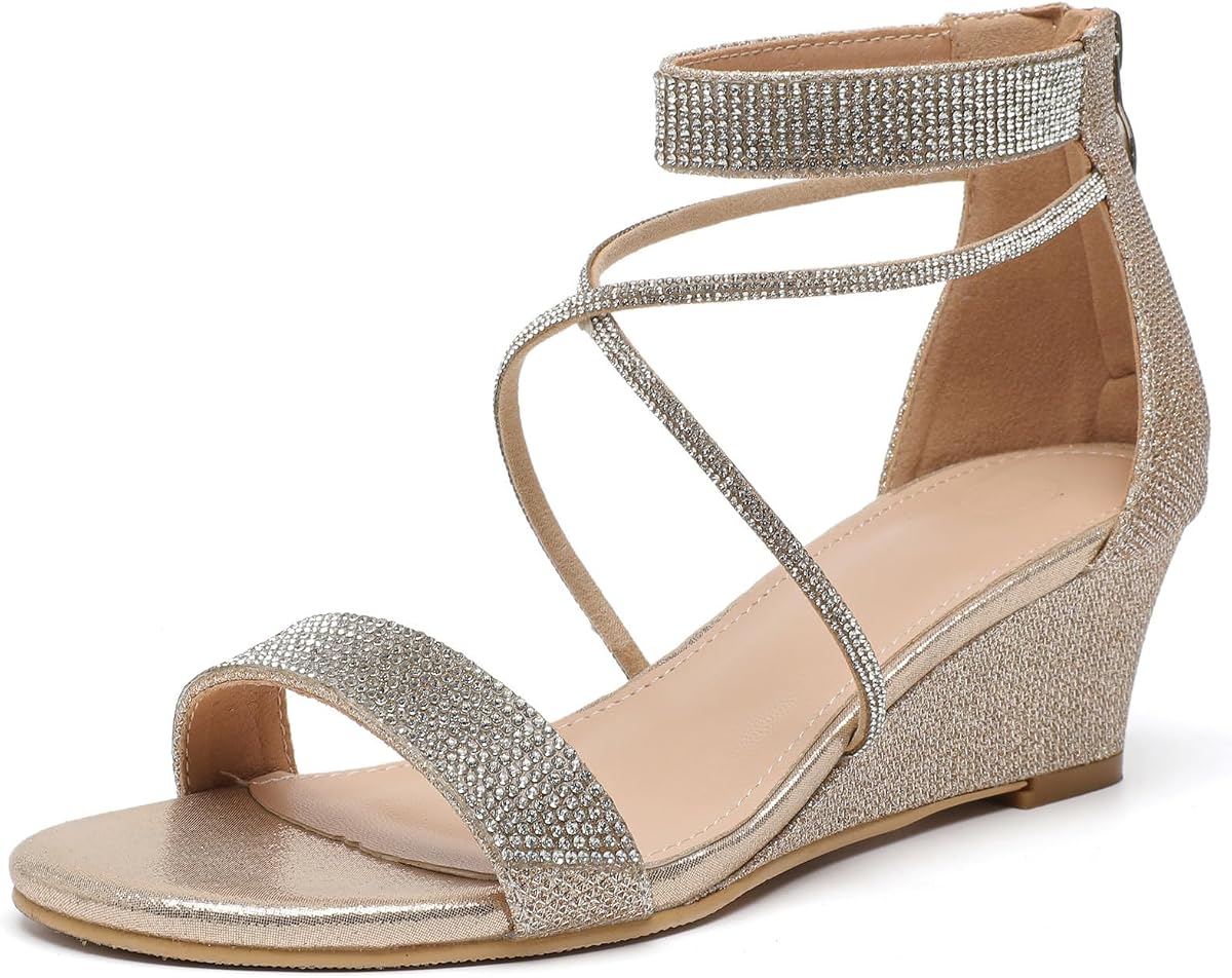 DADAWEN Sandalias de cuña baja con puntera abierta y correa al tobillo con purpurina y diamantes de imitación para fiesta, vestido de boda, zapatos de tacón