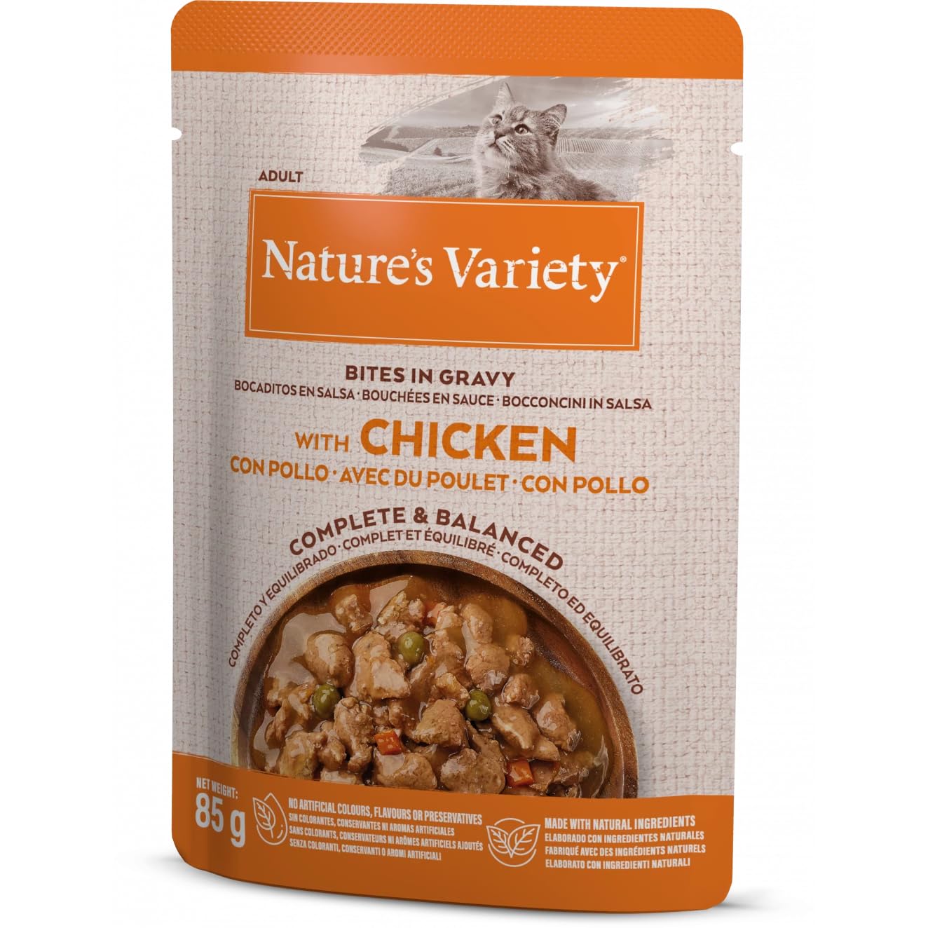 Nature's Variety Bocaditos en salsa, Comida húmeda para gatos con Pollo: 22 bolsitas de 85g