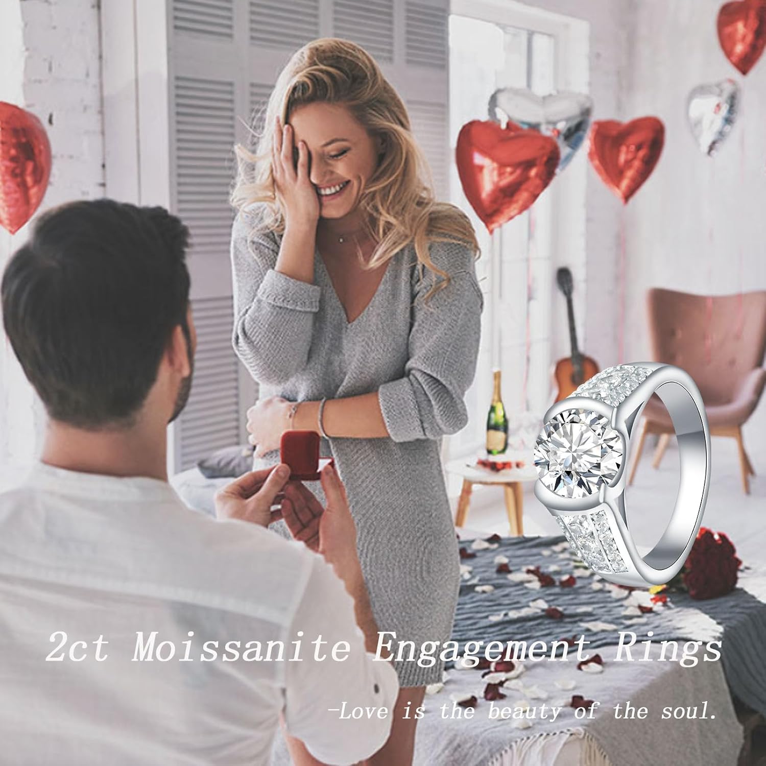 Moissanite Engagement Rings for Women - 925 Sterling Silver D-color VVS1 8mm 2CT Moissanite Wedding Band Promise Rings Jewelry Gifts - Image 3