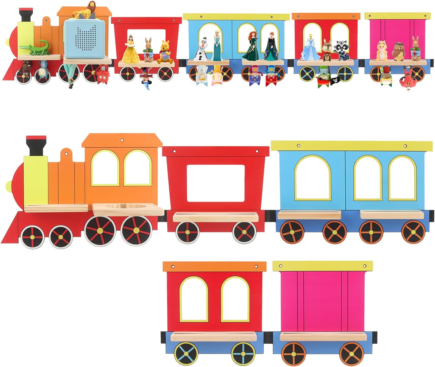 for Tonies Box 1/2 Tonies Figures Organizer Storage Shelf Wall Mounted, Colorful Little Five-Train Magnetic Floating Shelves Display Collection 30~40 Characters