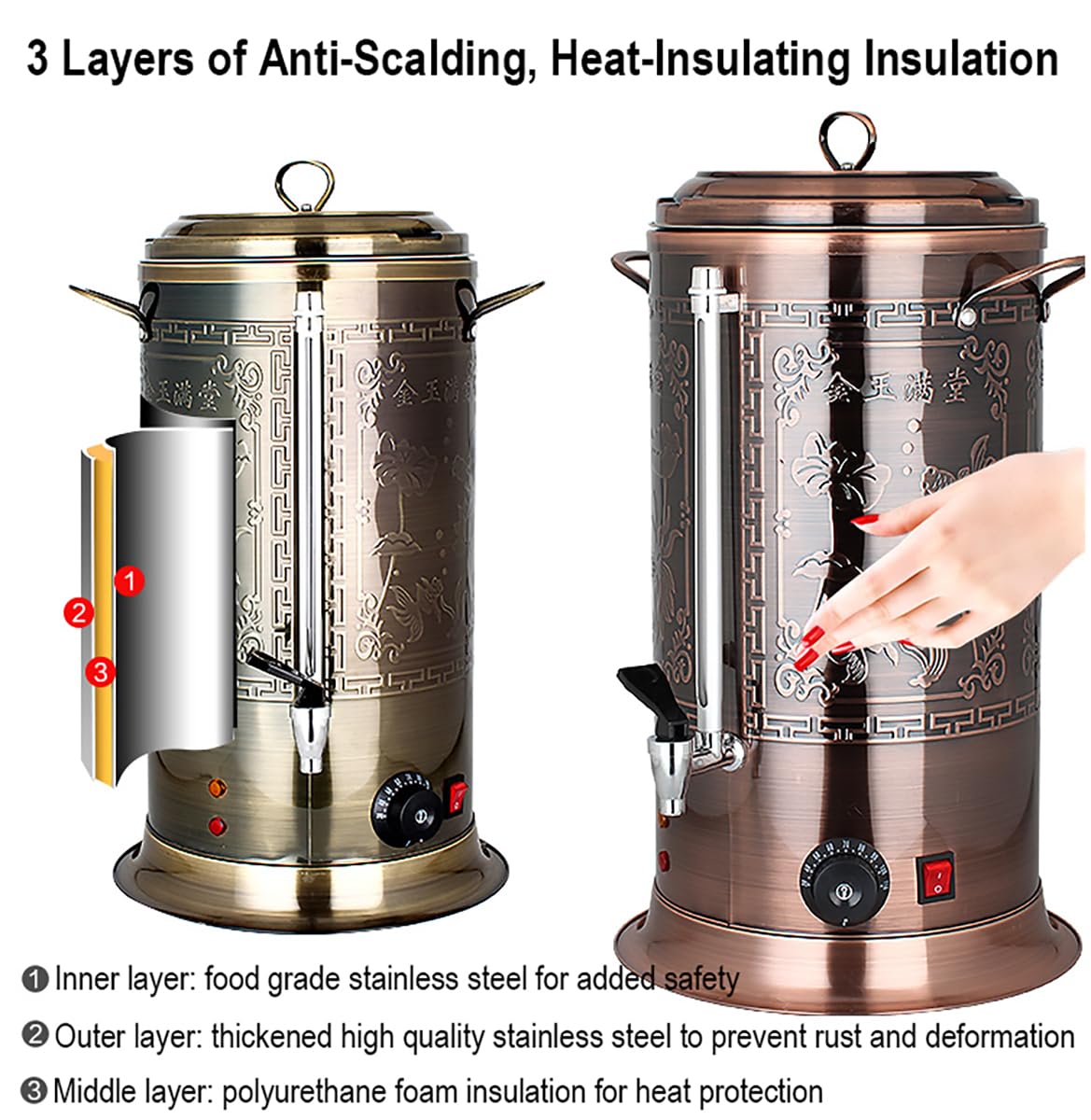 Dispenser di bevande calde in acciaio inox di grado commerciale 304, caldaia di acqua calda per la casa, la festa, l'ufficio, 1800W 220V Energia efficiente e riscaldamento veloce,20L