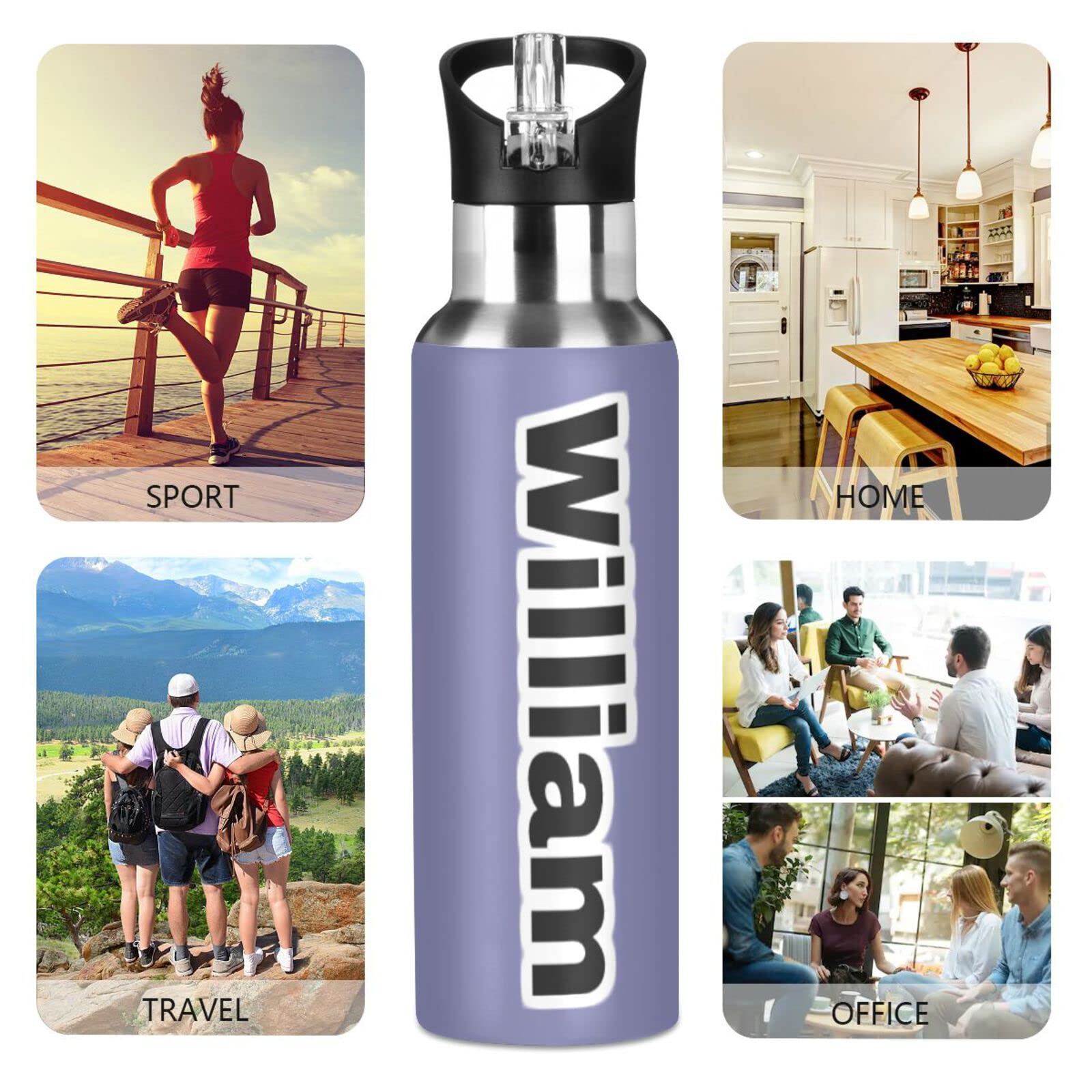 Isolierflasche mit Griff, 900 ml, Violett, auslaufsicher, mit Strohhalm-Deckel, Thermoflasche für Wandern, Camping, BAP-frei
