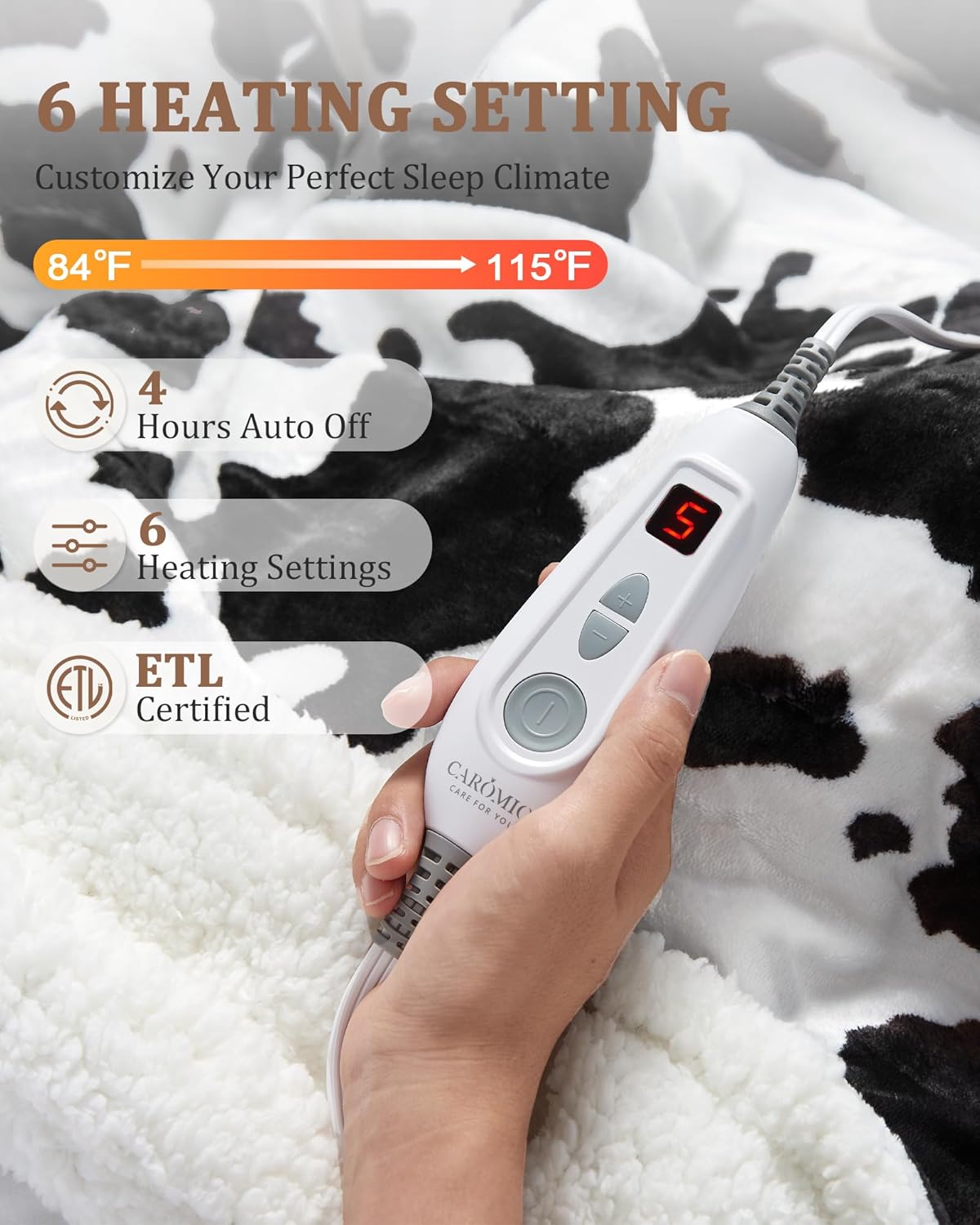 CAROMIO Heated Electric Blanket Throw, Cow Print Fast Heating Throw Blankets with LCD Controller, 6 Heat Levels & 4 Hour Auto Shut Off, ETL Certified, Machine Washable, Black White, 50" x 60" - Image 3