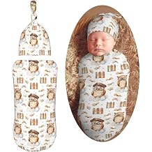 Brown Owl with Books Newborn Swaddle Blankets Hat Sets Soft Baby Receiving Blanket Swaddle Sack for Baby Shower Infant Boy Girl Gift