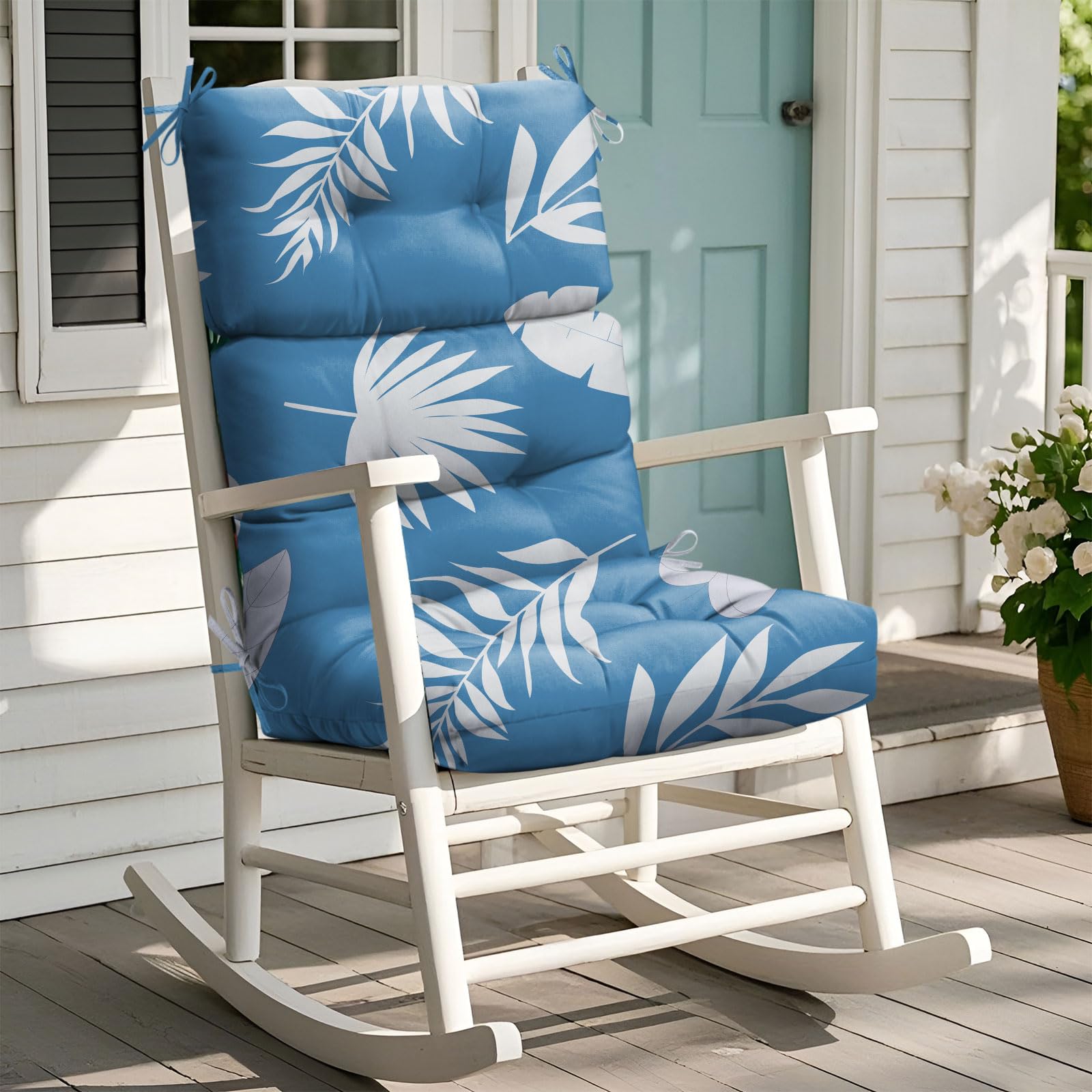 Outdoor-Sitzkissen, wasserdicht, verdickt, 112 x 53,3 x 10 cm, Adirondack-Stuhlkissen mit Bändern, hohe Rückenlehne, Schaukelstuhlpolster für Terrassenmöbel, blaues Blatt