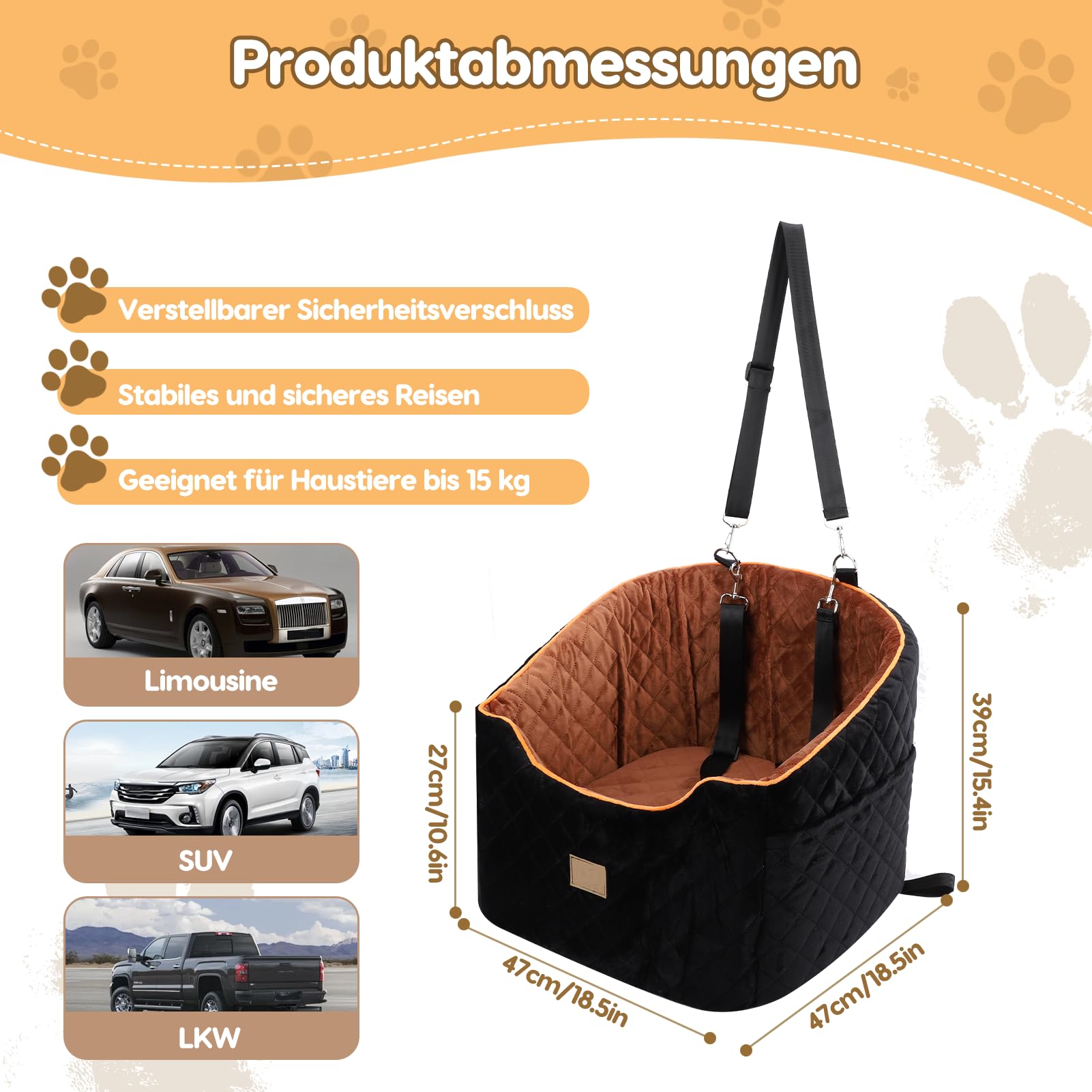 Asiento de coche para perros – Asiento para perros extraíble y lavable con base antideslizante y bolsillos laterales para coche, viajes de camping, para perros pequeños/medianos de hasta 35 libras L