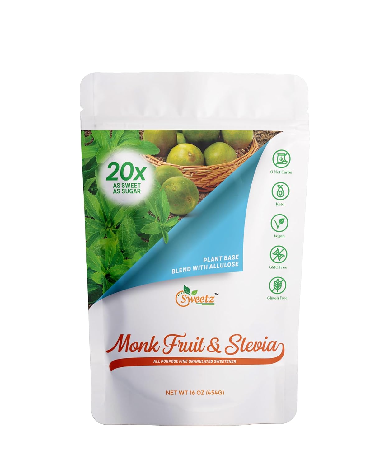 Monk Fruit–Stevia & Allulose All Purpose Sweetener – 20X Sugar Sweetness; Total Servings 2270; Zero Calorie Sweetener, Sugar-Free Substitute for Baking, Smoothies, Coffee; Low Carb Keto Diet Friendly | 1-LB