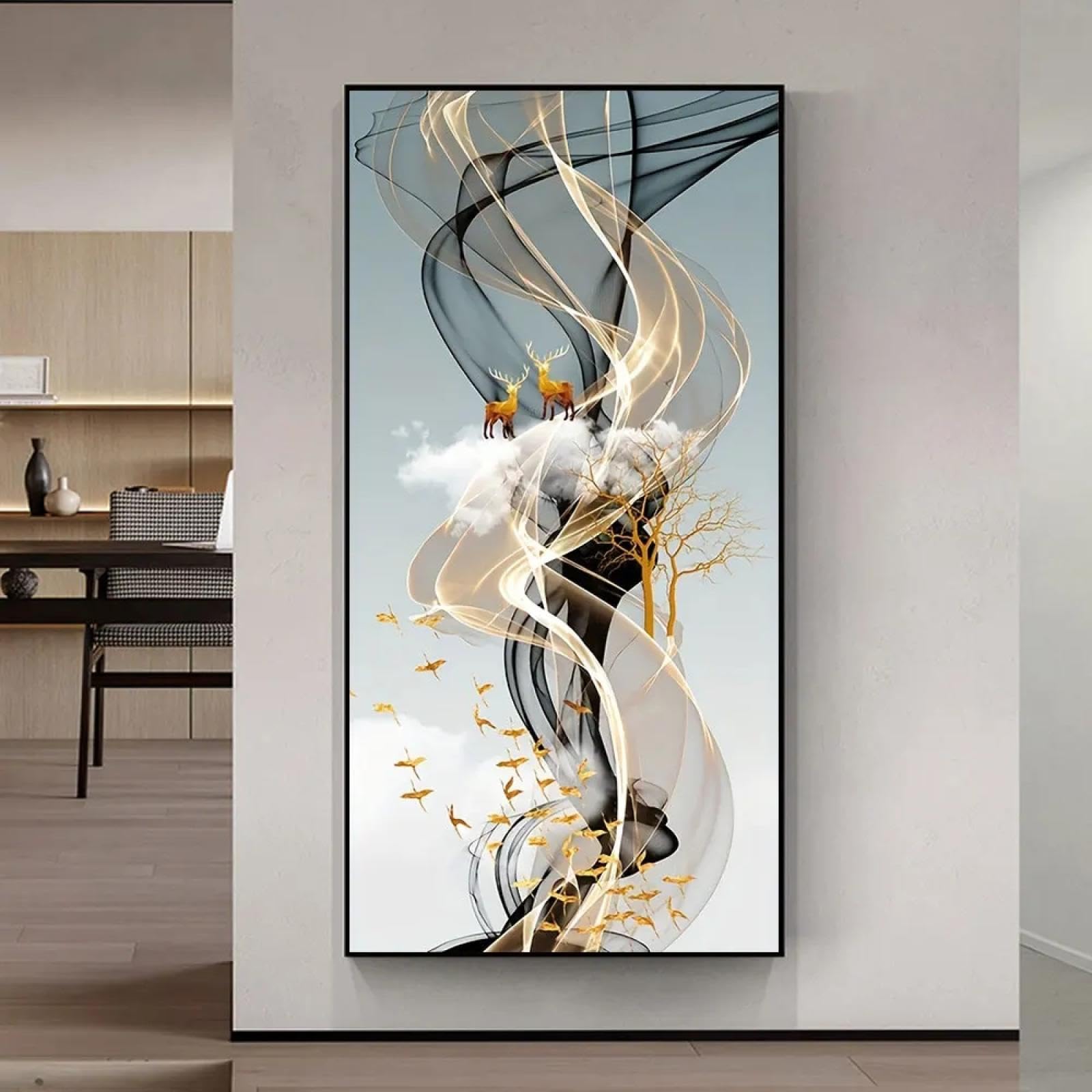 dsdsgog Affiches sur toile d'arbre de cerf doré nordique, impressions murales luxueuses, peintures sur toile modernes pour votre salon, décoration d'intérieur, 65x130cm（26x51inch Cadre interne