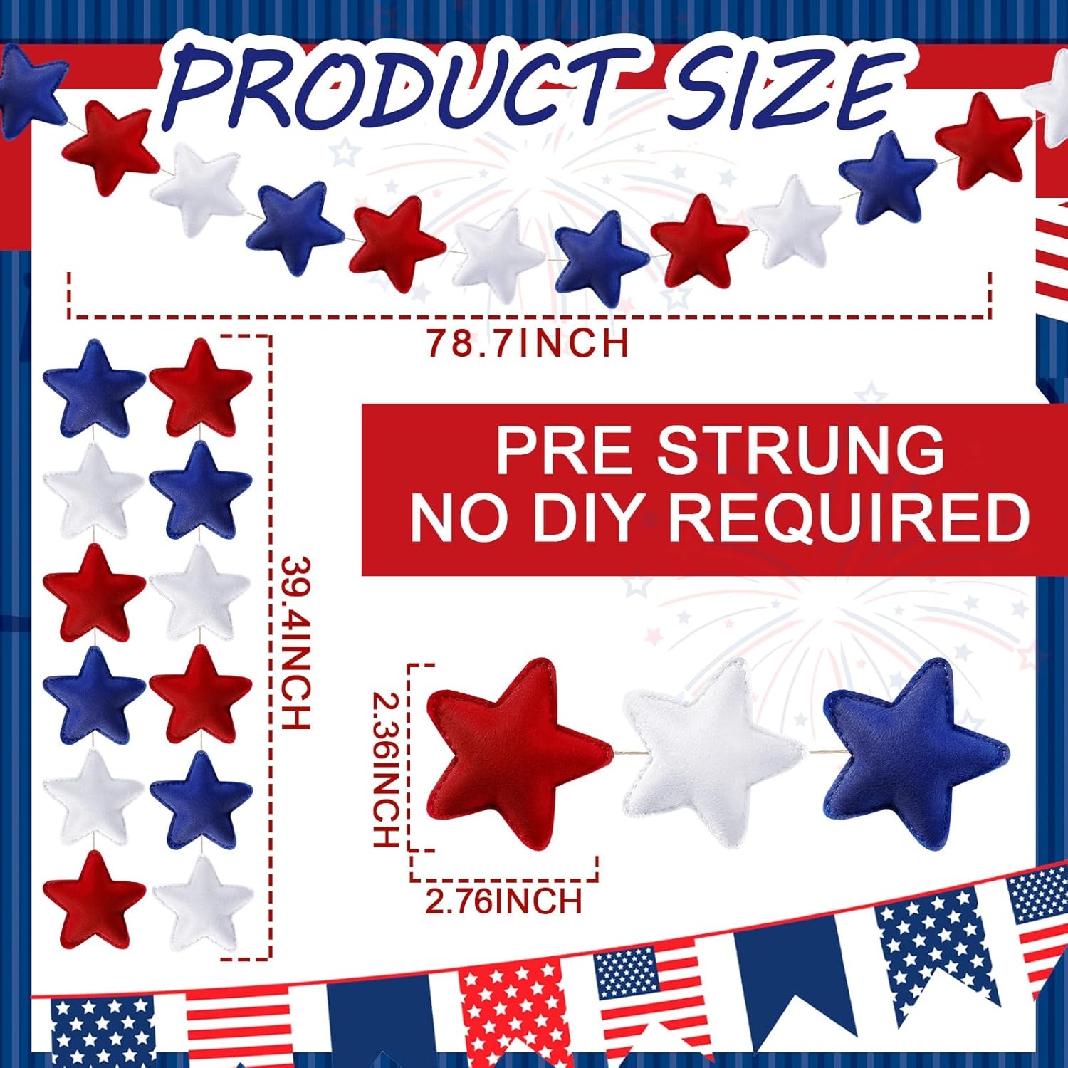 Hahafelt 13 FT 48 Pcs Patriotic Felt Star Garland Banner Red White and Blue Garland Decorations 4th of July Memorial Day 250th Anniversary 3D Star Felt Banners for Independence Day Party Home