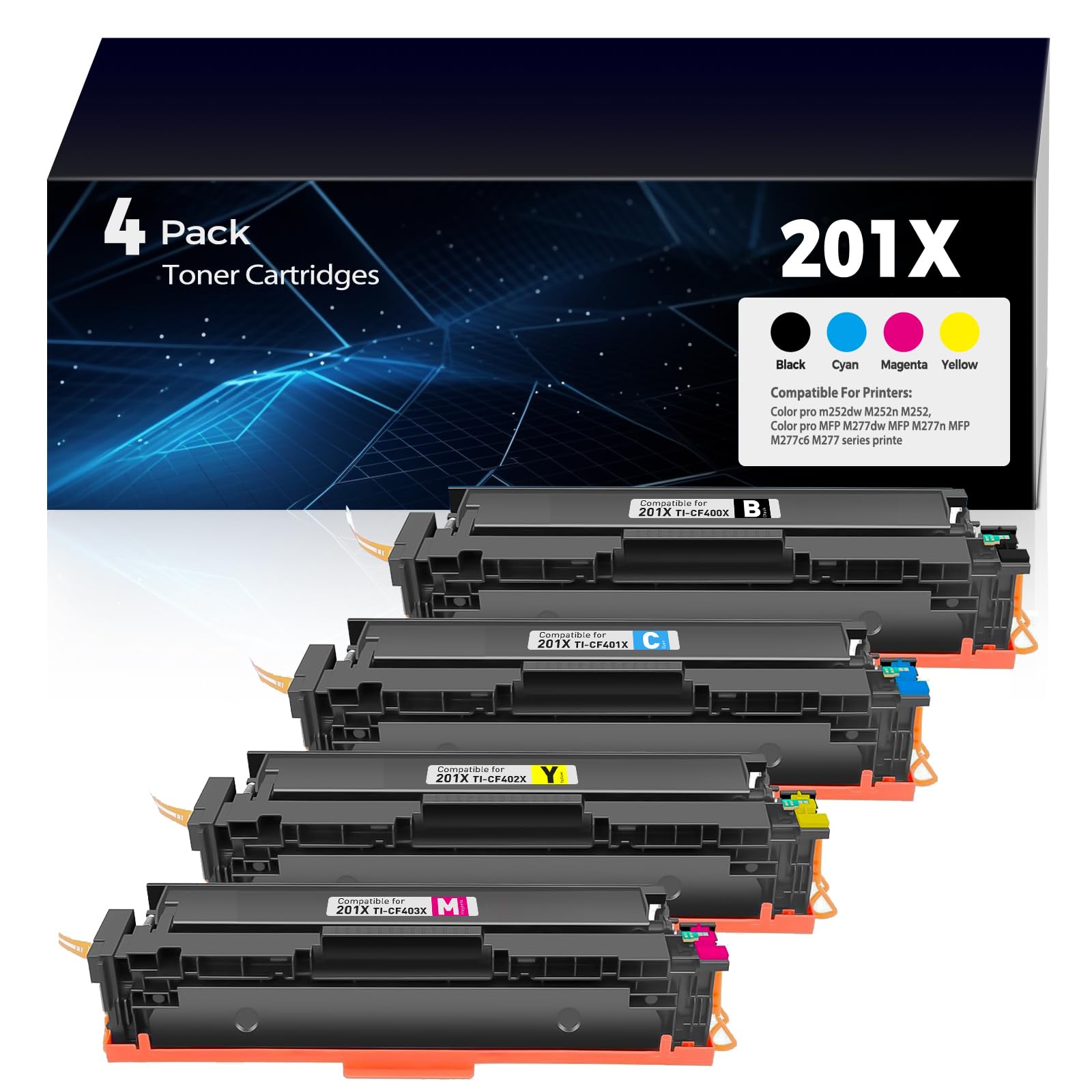 201X Toner Cartridges Replacement Pro MFP M252dw M277dw for HP 201X Toner (with Chip) CF400X CF401X CF402X CF403X Works for M277c6 M277n M277 M252n Printer 4Pack(1BK+1C+1M+1Y)