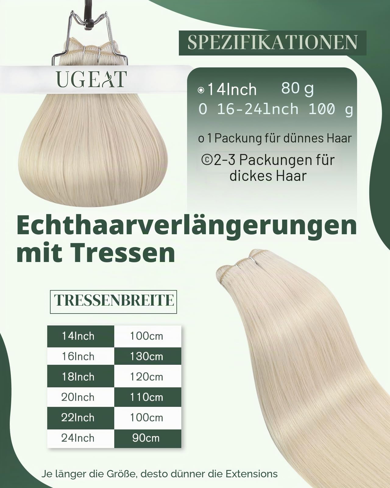 Ugeat Tressen Echthaar Extensions Blond 60 cm Weft Extensions Echthaar Blond Remy Haartressen Echt Haar Platinblond für Volumen und Fülle 100G 60A