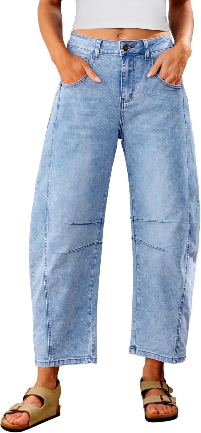 Utyful Barrel Jeans Women Cropped Baggy Trendy High Waisted Distressed Loose Stretch Denim Trouser Jeans with Pockets Utyful Barrel Jeans Women Cropped Baggy Trendy High Waisted Distressed Loose Stretch Denim Trouser Jeans with Pockets