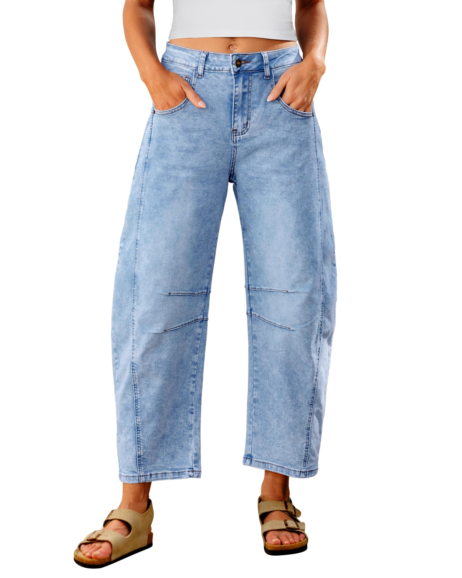 Utyful Barrel Jeans Women Cropped Baggy Trendy High Waisted Distressed Loose Stretch Denim Trouser Jeans with Pockets, Roadnight Blue, XXL