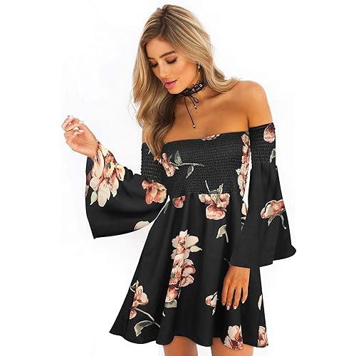 ONEYIM Women's Dress Summer Floral Long Sleeve Off Shoulder Casual Mini Dresses