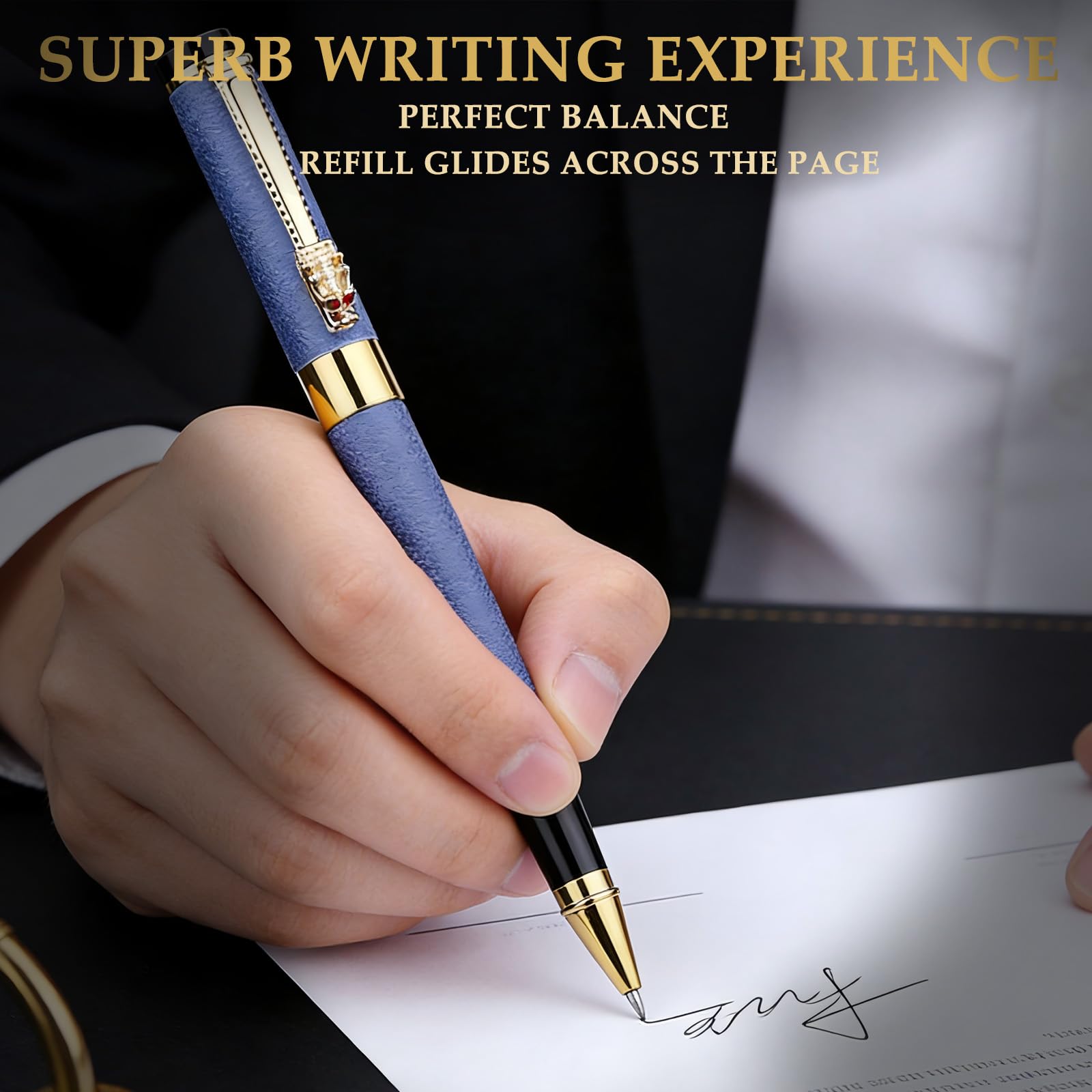 Stylo roller de luxe | Stylo d'écriture fantaisie avec laque noire et plaqué or véritable | Stylo de bureau – Coffret cadeau de qualité supérieure pour homme et femme | Jolis stylos pour