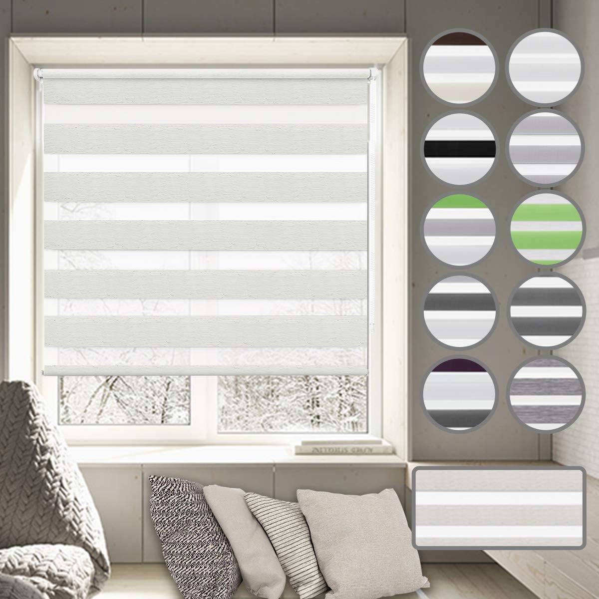 Day and Night Roller Blinds - 80 x 150 cm Nature Zebra Roller blinds Translucent or Blackout Curtains Easy Fix with Accessories for Windows and Doors